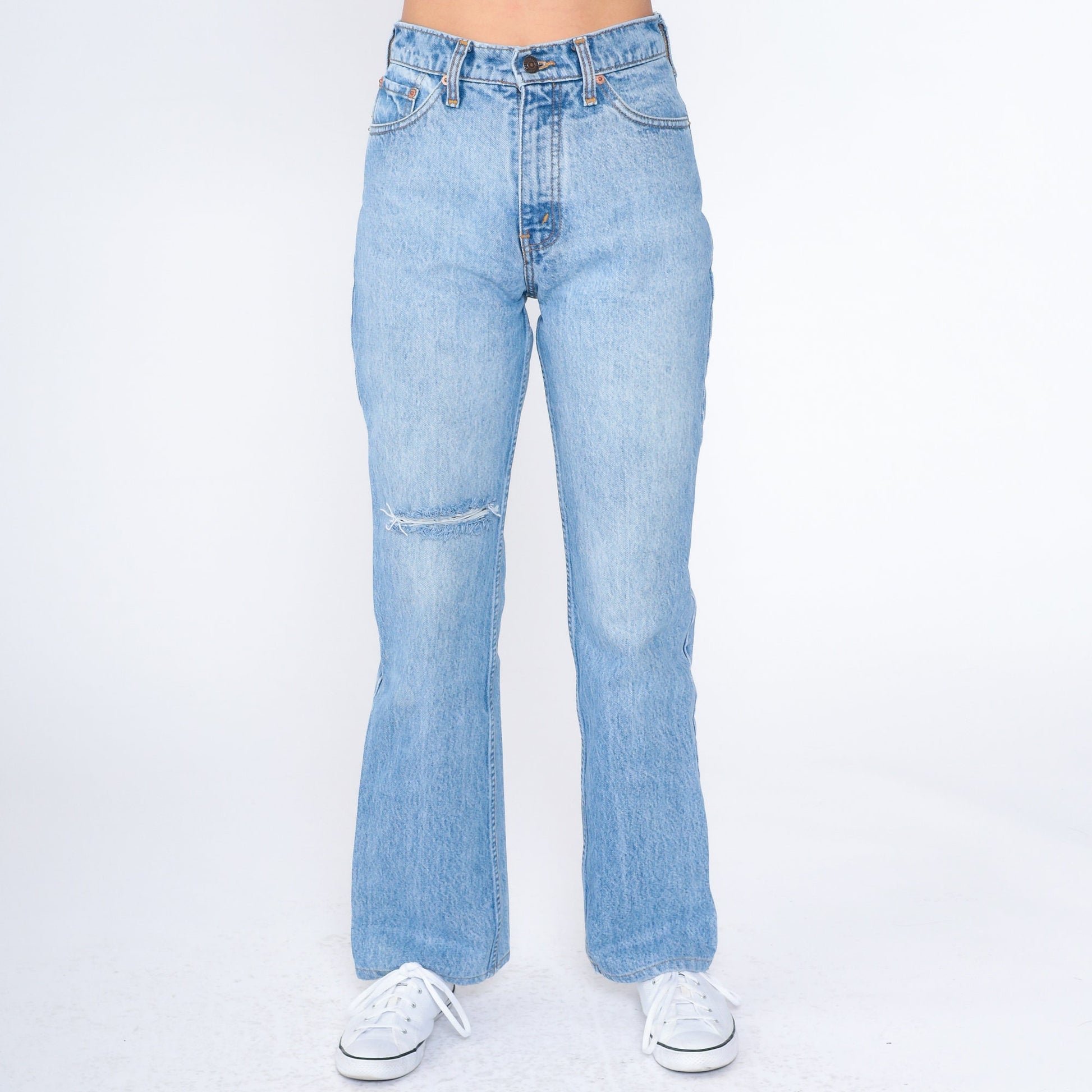 Levis 607 90s High Waist Bootcut Jeans Blue Denim Knee Rip Small