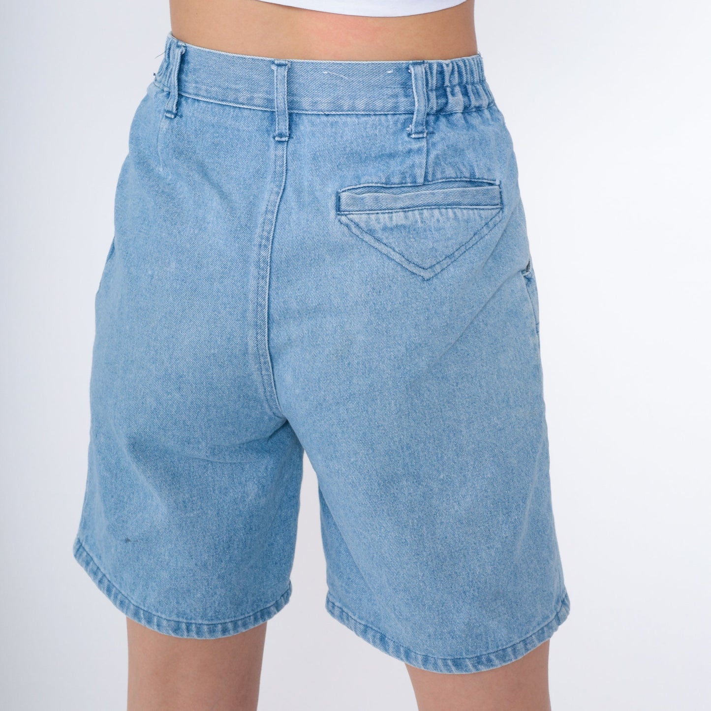80s Apparatus Pleated Denim Shorts High Waist Knee Length Blue Small