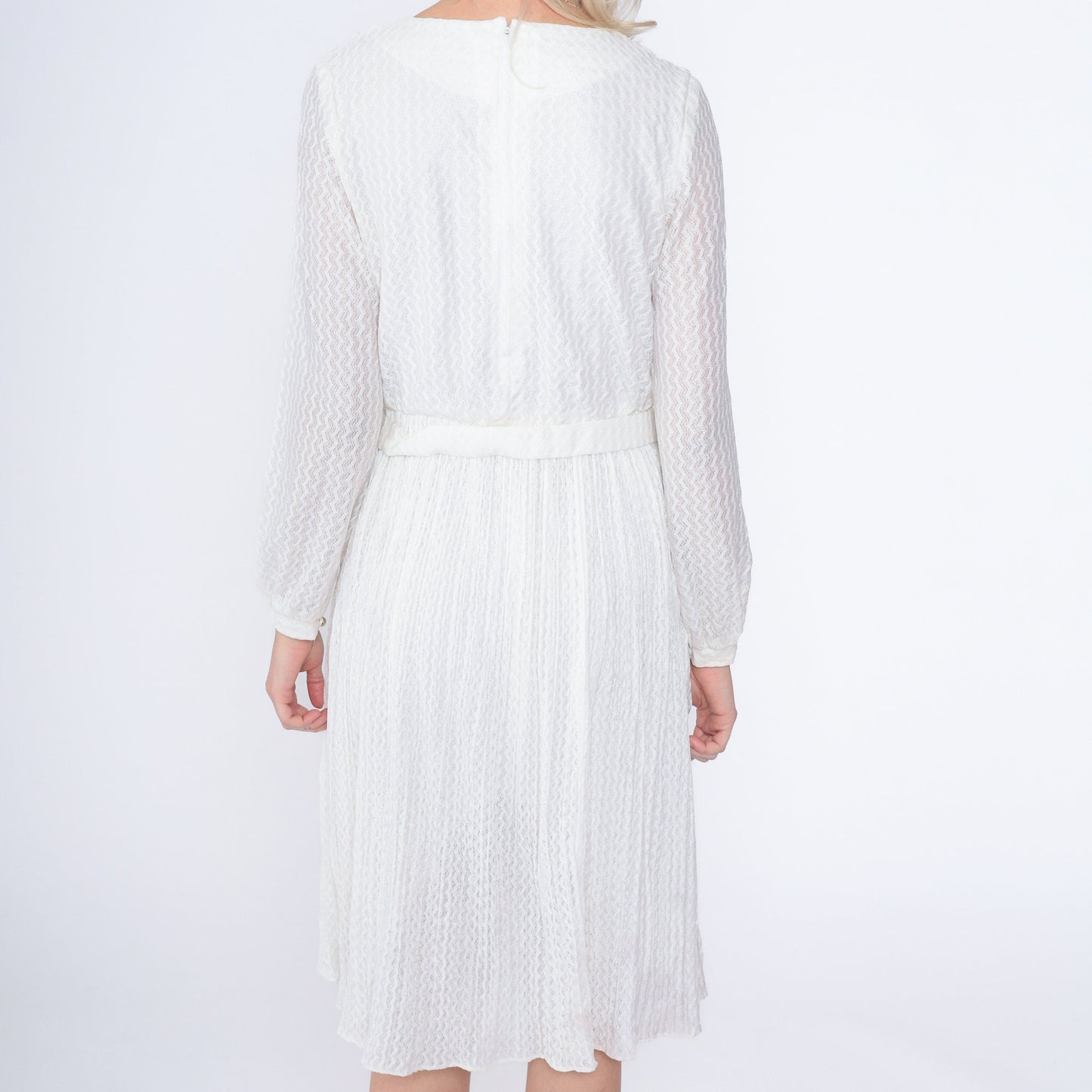 80s White Lace Midi Dress High Waisted Long Sleeve Gold Belt Small