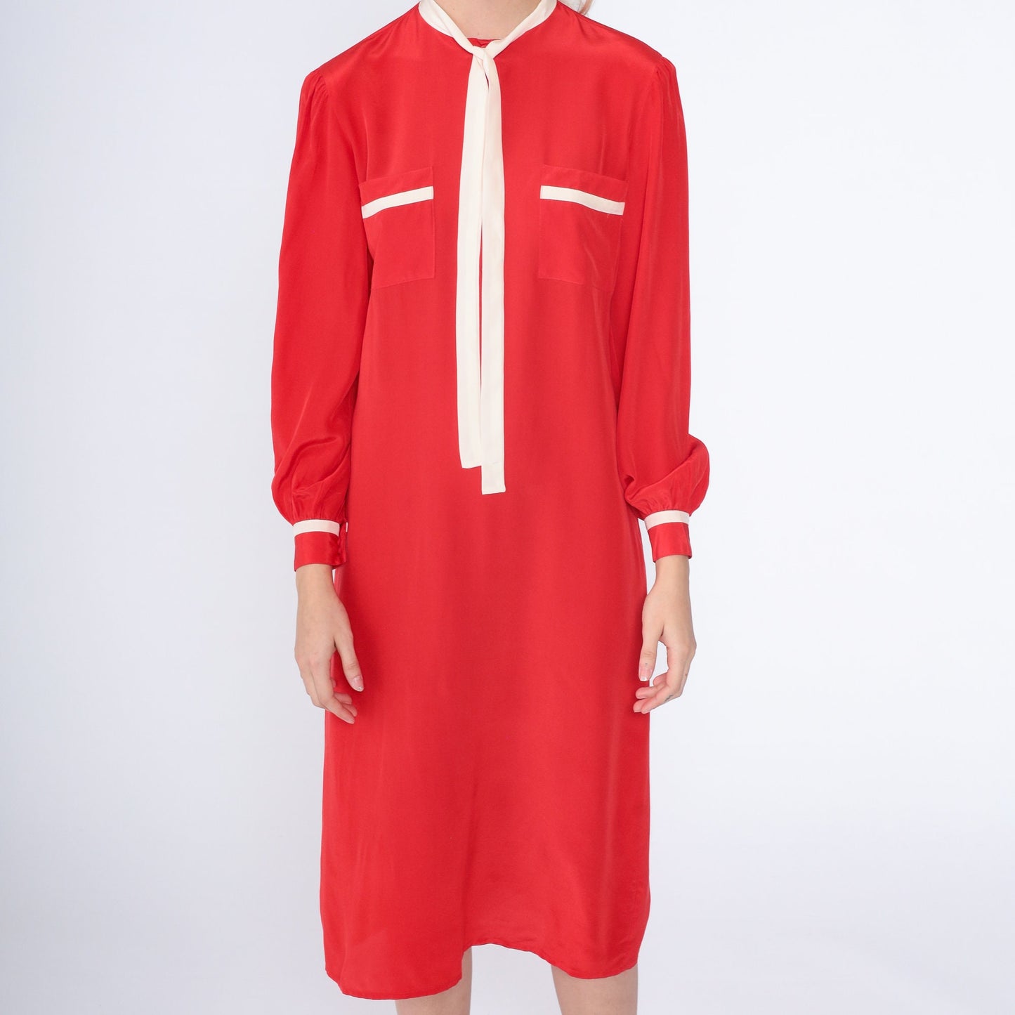 80s Saint Pierre Red Silk Midi Dress Necktie Long Sleeve White Trim Small