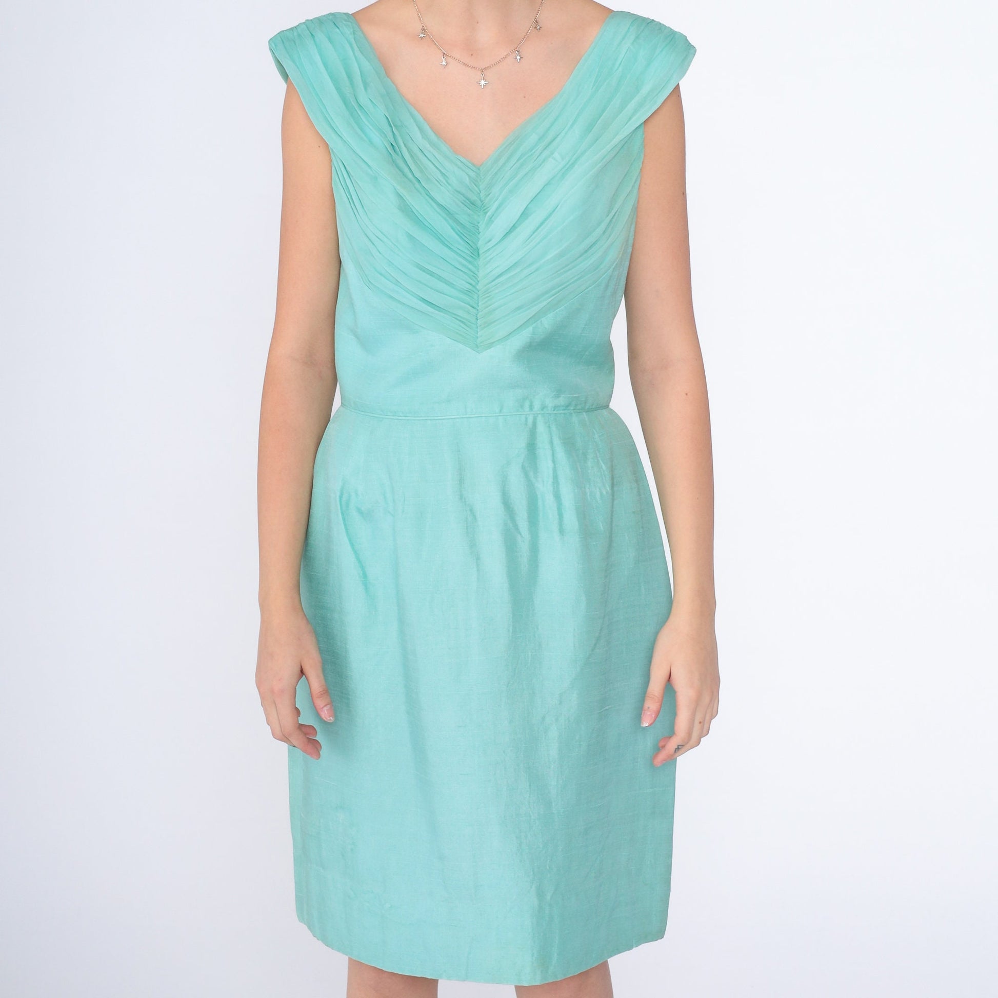 60s Mint Silk Dress Sleeveless Mini Pleated High Waist Sheath Small S