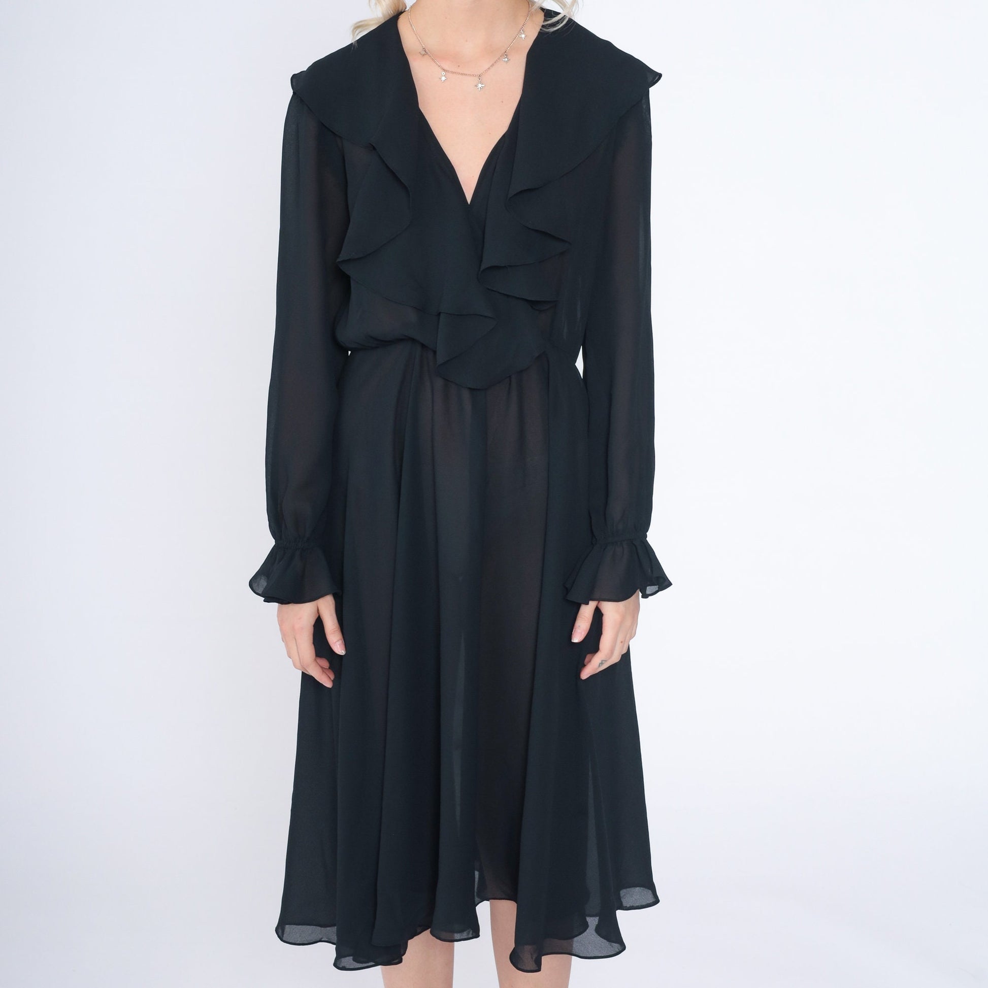 90s Black Midi Dress Ruffled High Waist Long Sleeve Semi-Sheer Small