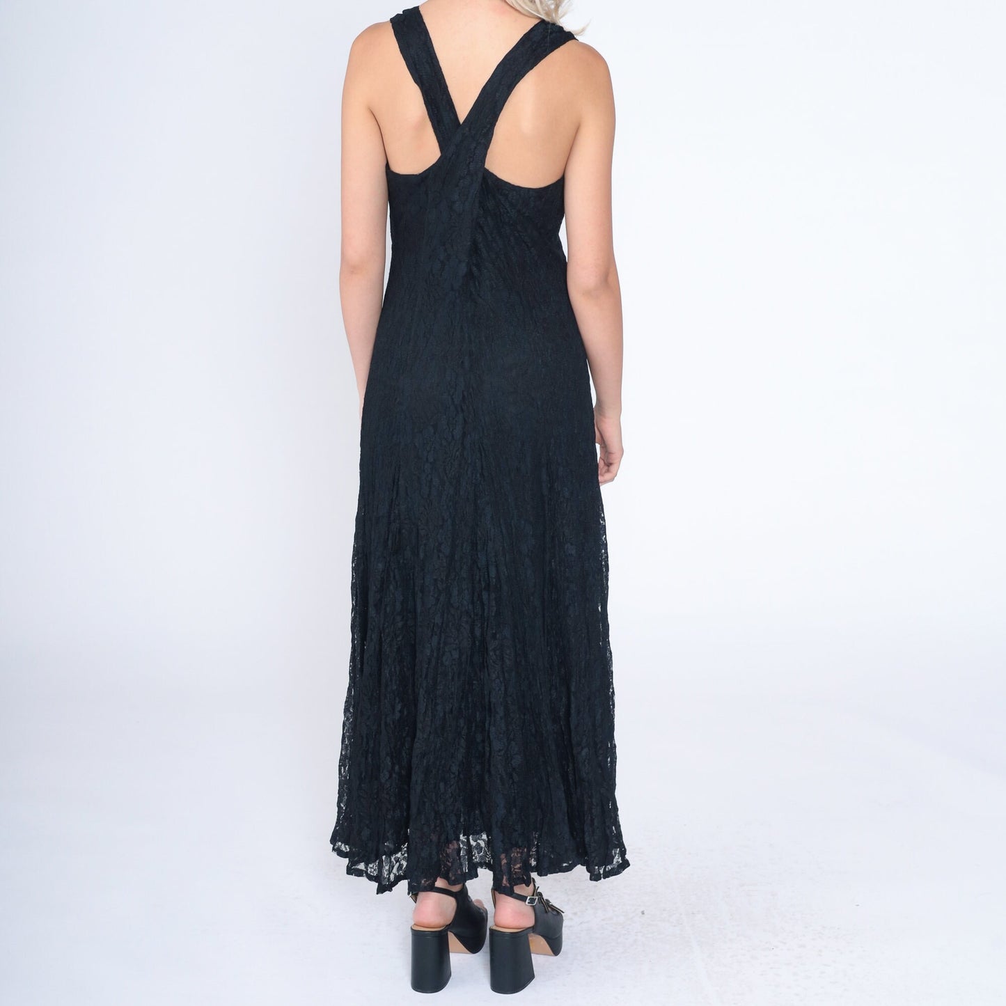 90s Black Lace Maxi Dress Sleeveless Criss Cross Large L