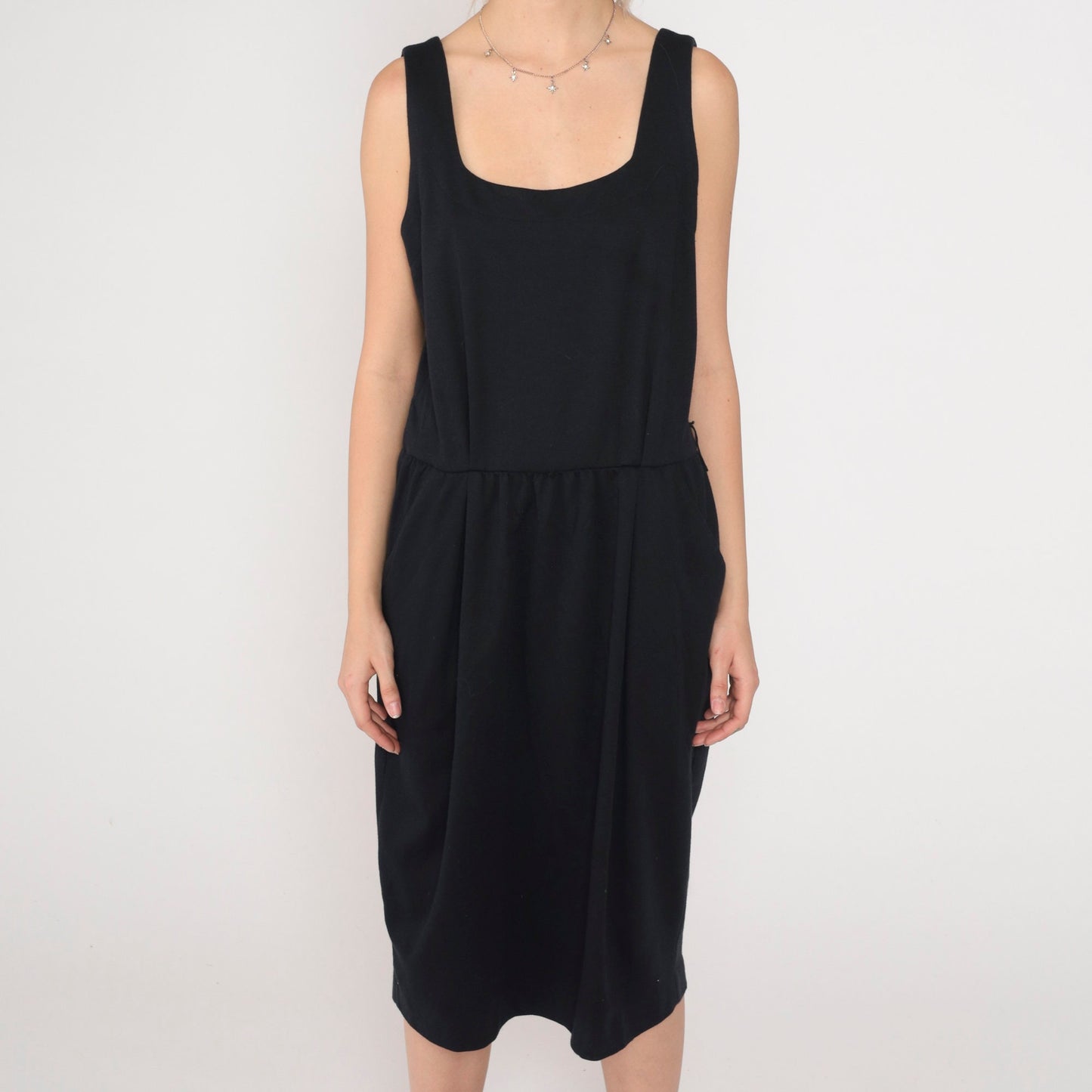 90s Black Midi Tank Dress High Waist Sleeveless Scoop Neck Large