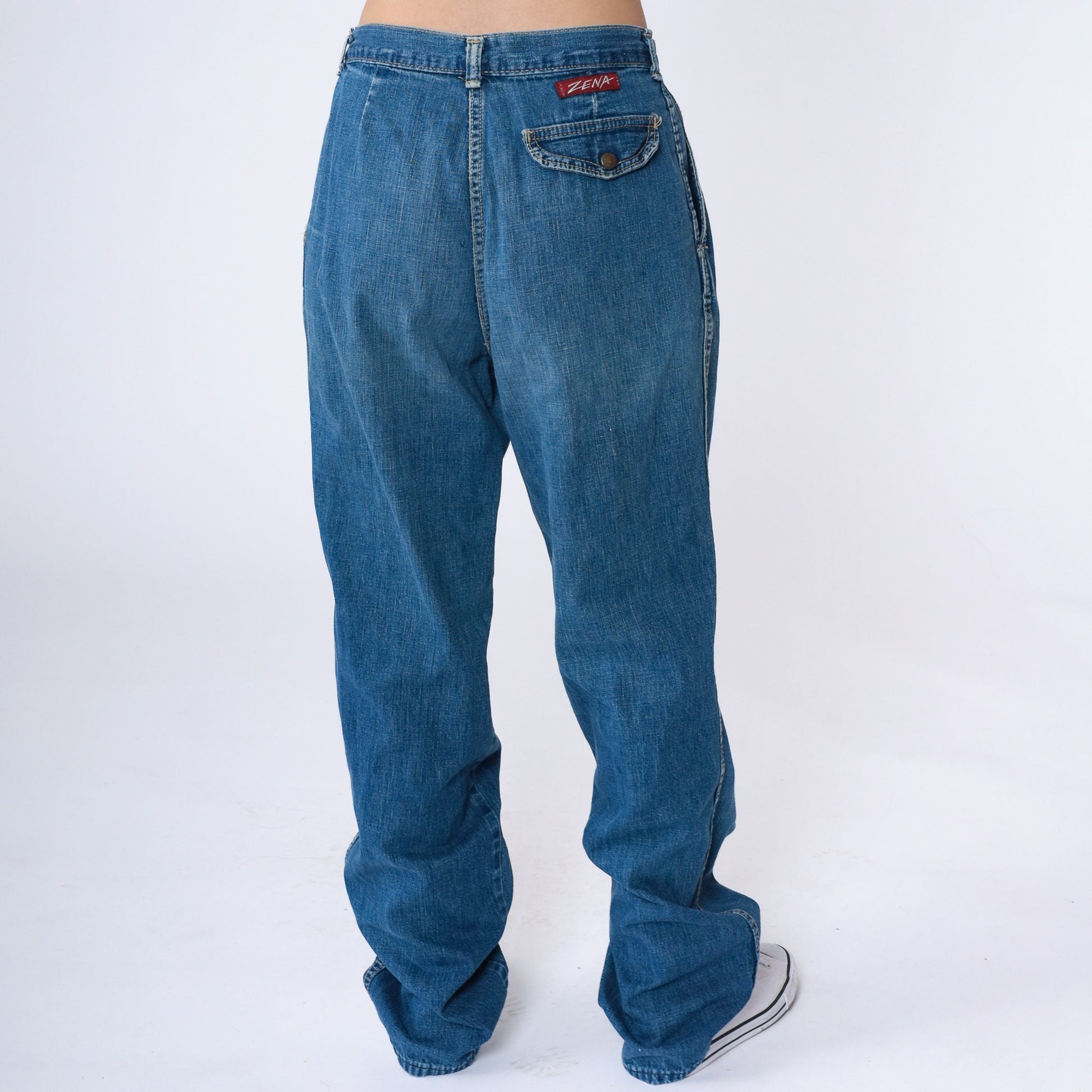 90s Zena High Rise Pleated Straight Leg Jeans Blue Denim Small 28