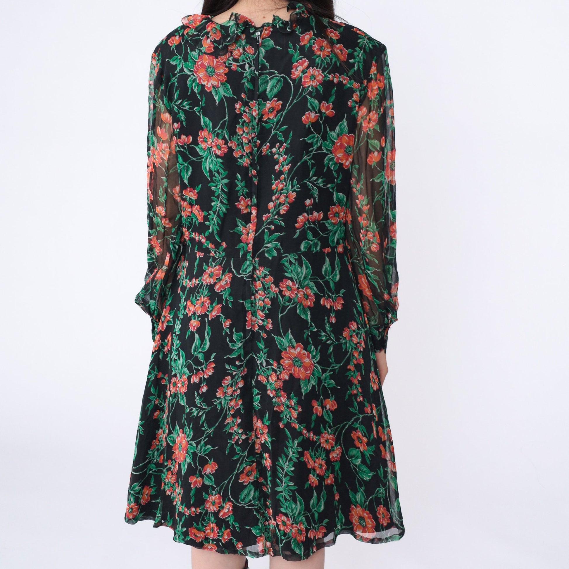 70s Floral Babydoll Mini Dress Empire Waist V-Neck Long Sleeve Black Large