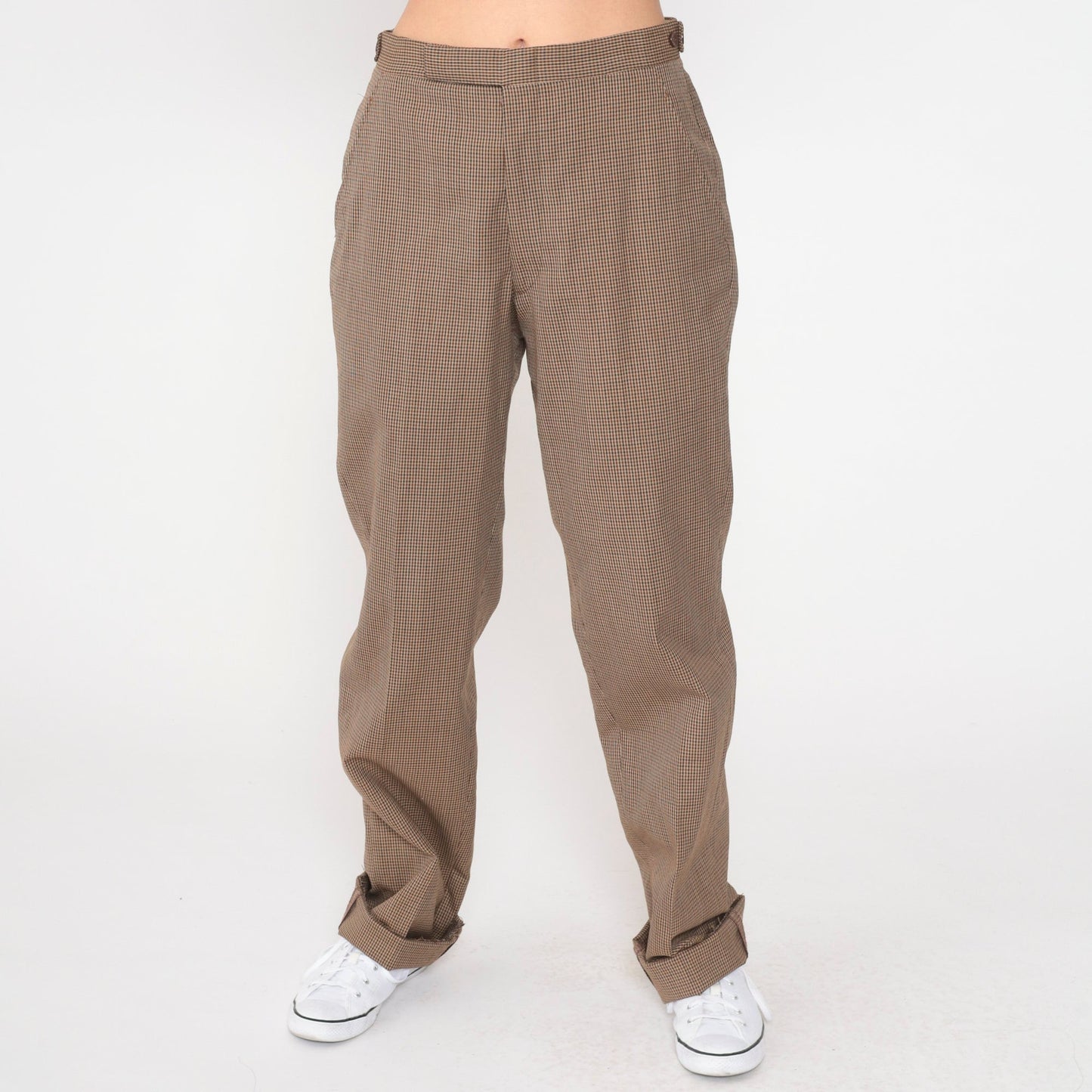 70s Brown Checkered High-Waisted Straight Leg Trousers Medium 29