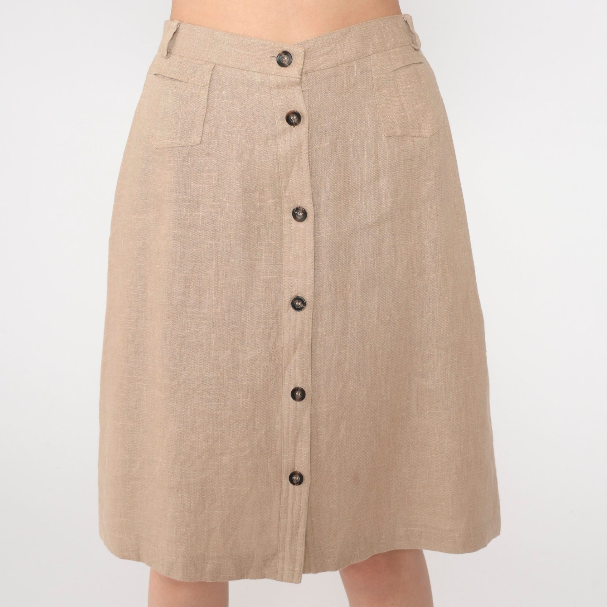 80s Harve Benard Linen Midi Skirt Tan Button Front High Waist Small