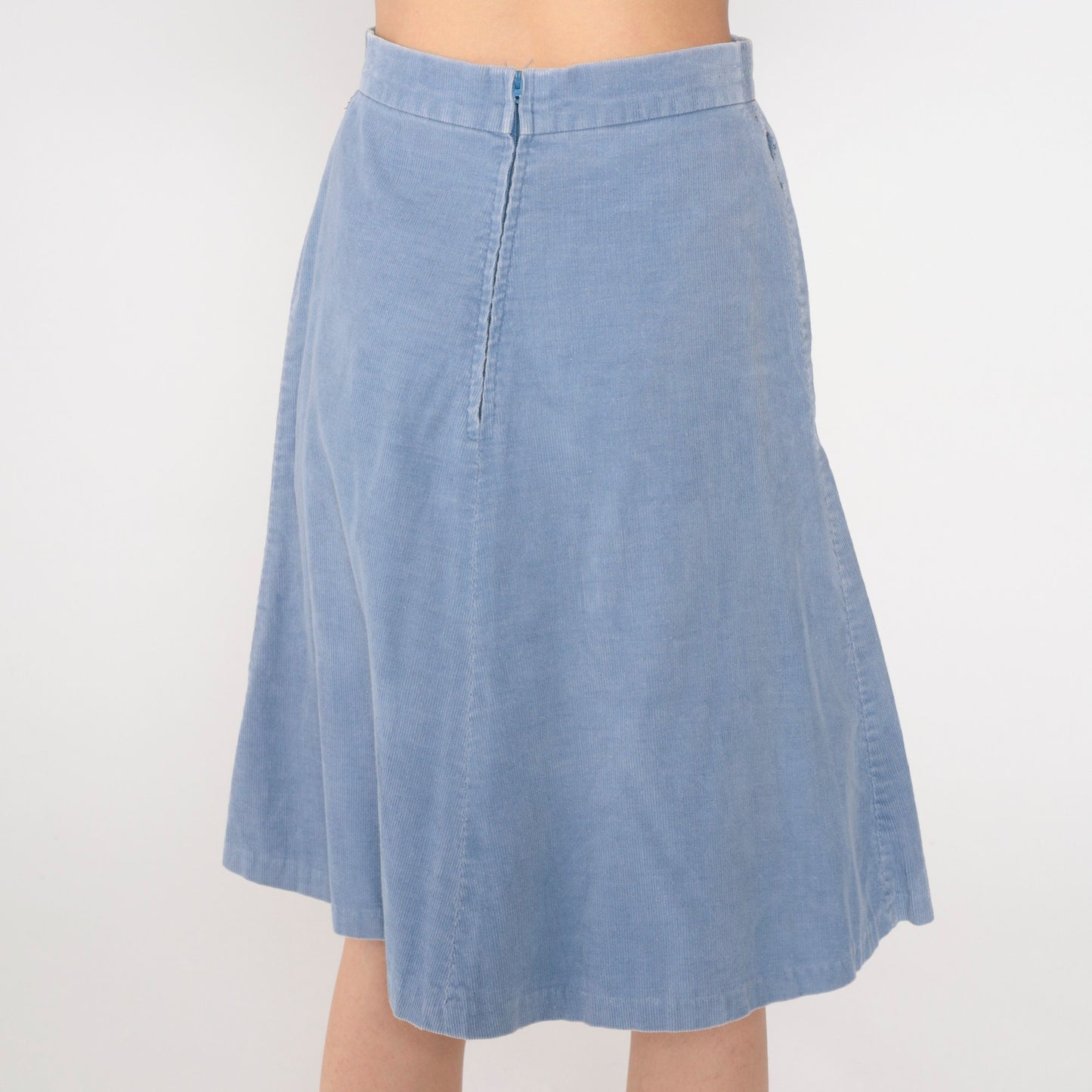 80s Blue Corduroy Midi Skirt High Waist A-Line Small