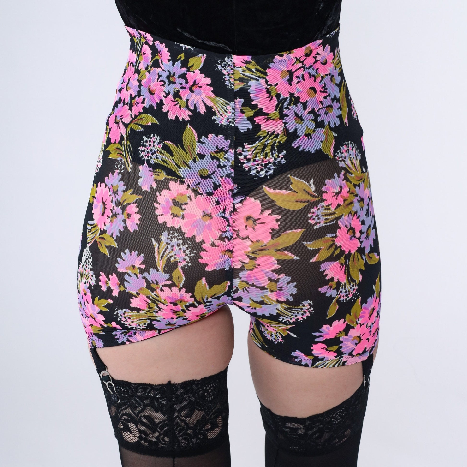 60s Hayes Panty Girdle Floral Black Hot Pink Shapewear Extra Small