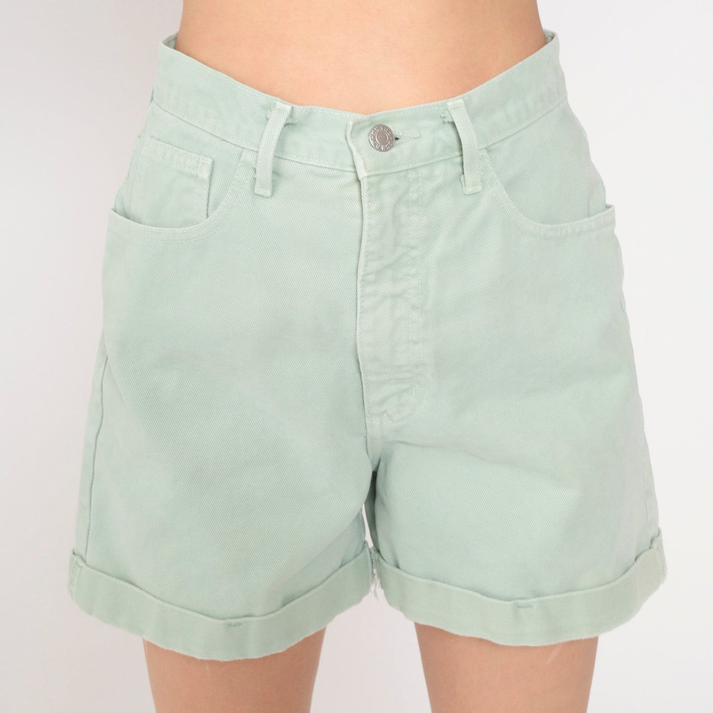 90s Guess Light Green Denim Shorts High Waist Cuffed Small
