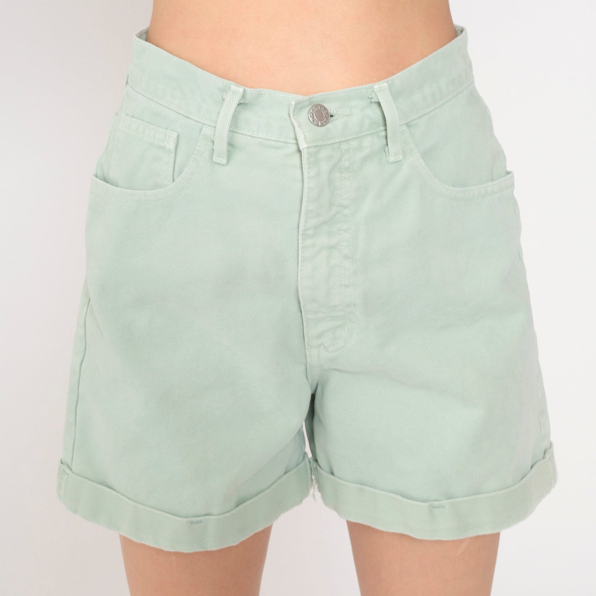 90s Guess Light Green Denim Shorts High Waist Cuffed Small