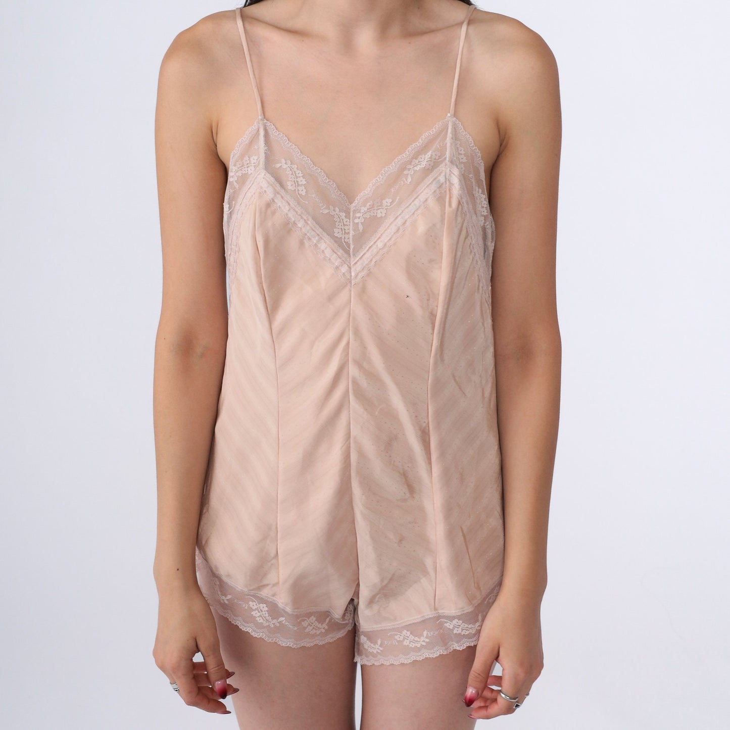 80s Yves Saint Laurent Beige Lace Teddy Bodysuit Spaghetti Strap Small
