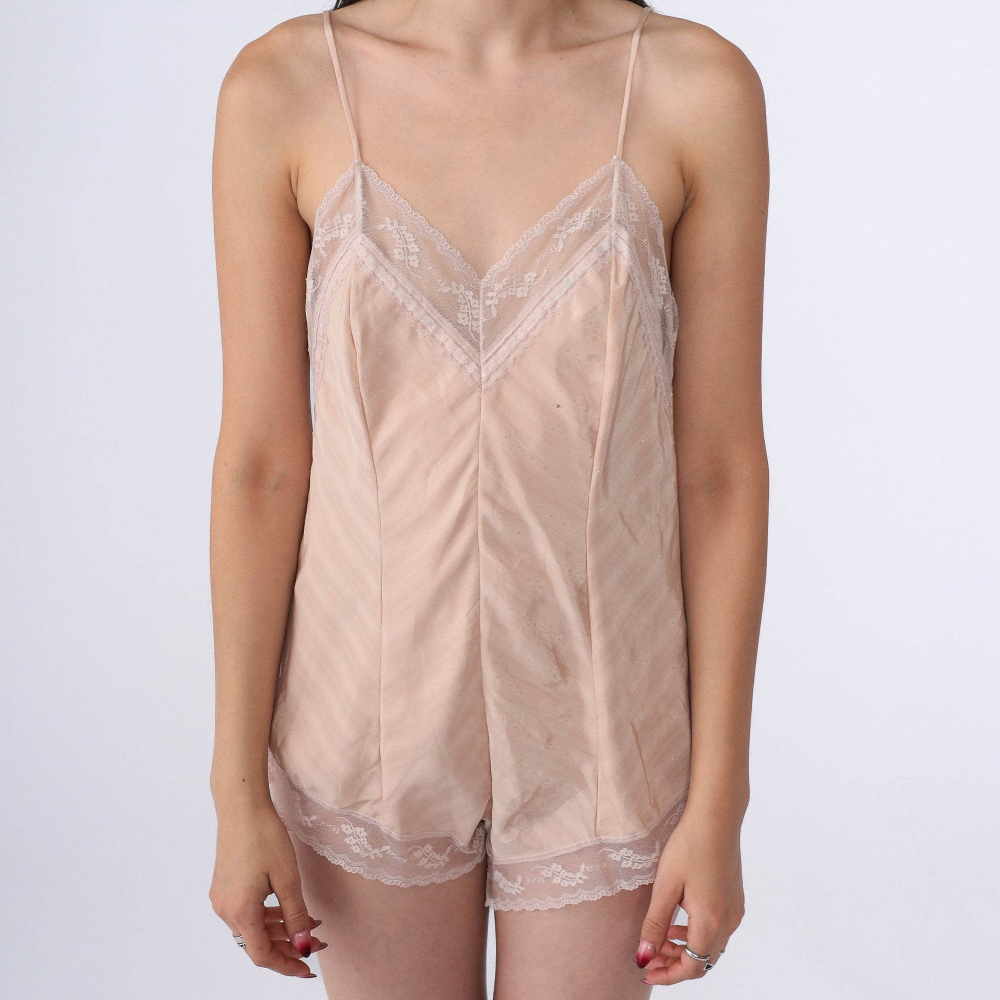 80s Yves Saint Laurent Beige Lace Teddy Bodysuit Spaghetti Strap Small