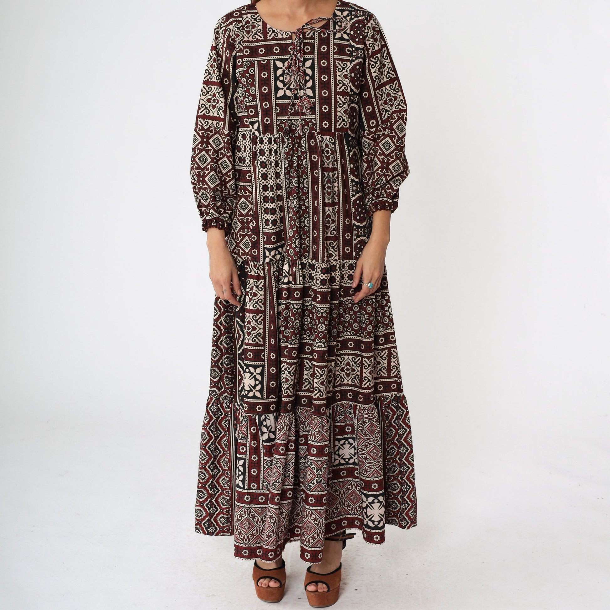 80s Burgundy Geometric Print Maxi Dress Tiered Skirt Keyhole Tie Neck Medium