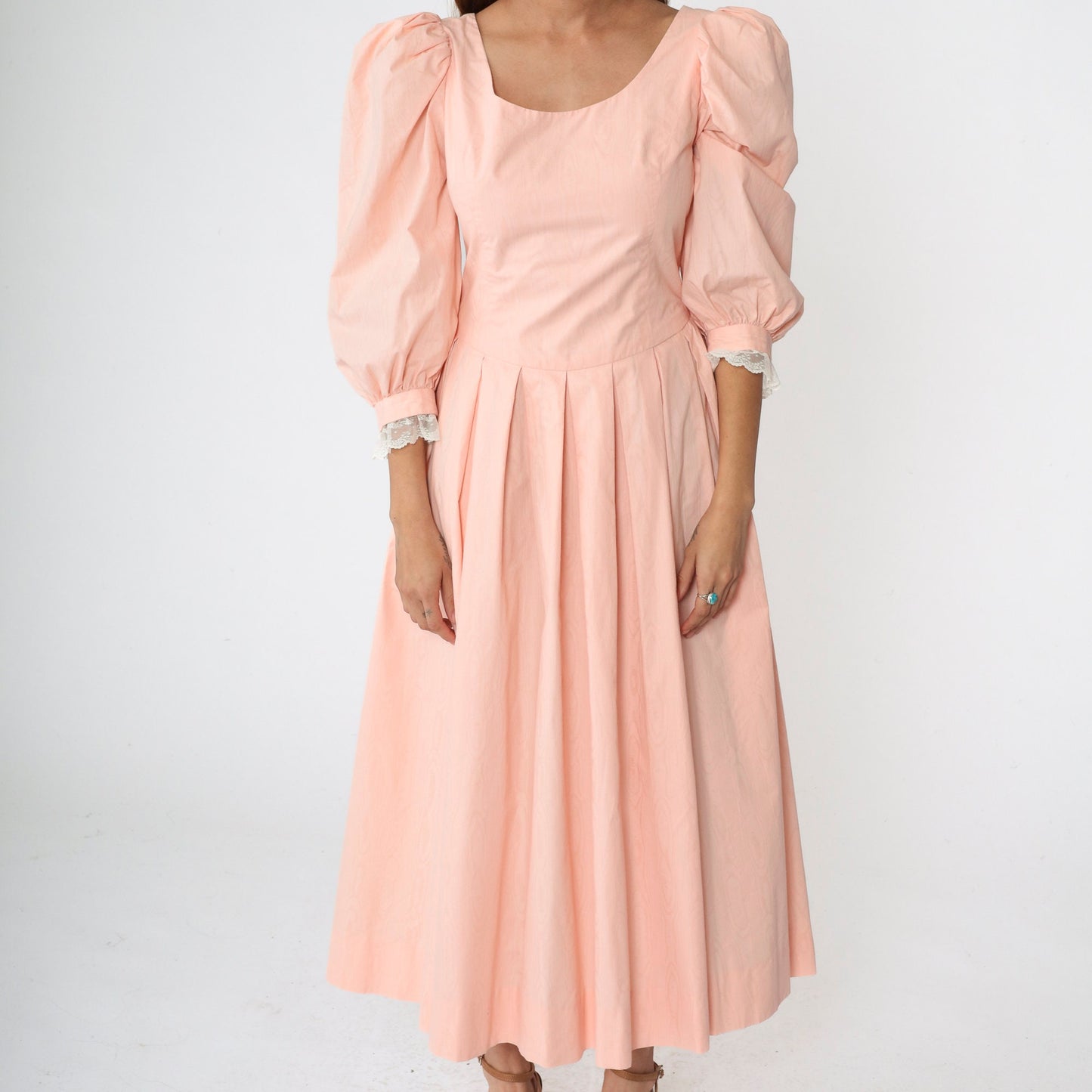 80s Baby Pink Puff Sleeve Midi Dress Lace Trim Pleated Scoop Back Small