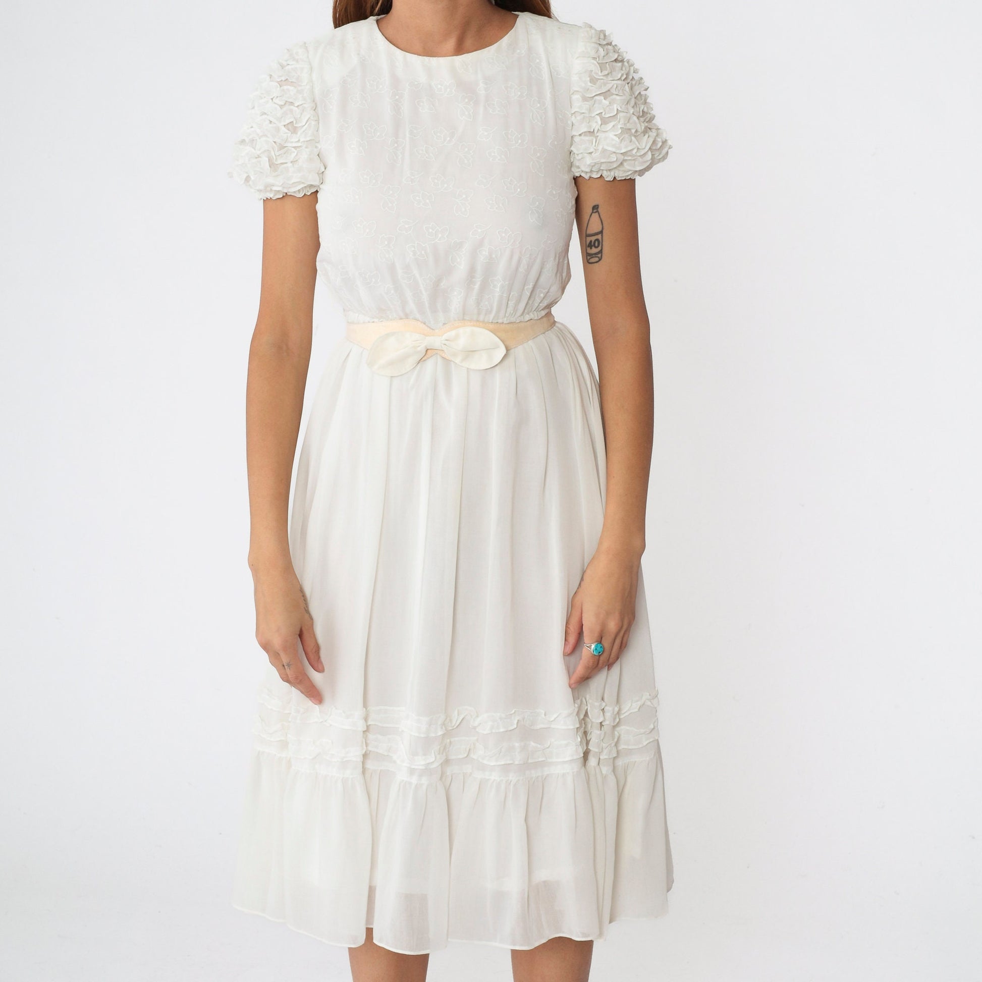 80s White Leaf Print Midi Dress Puff Sleeve High Waist Belt Extra Small