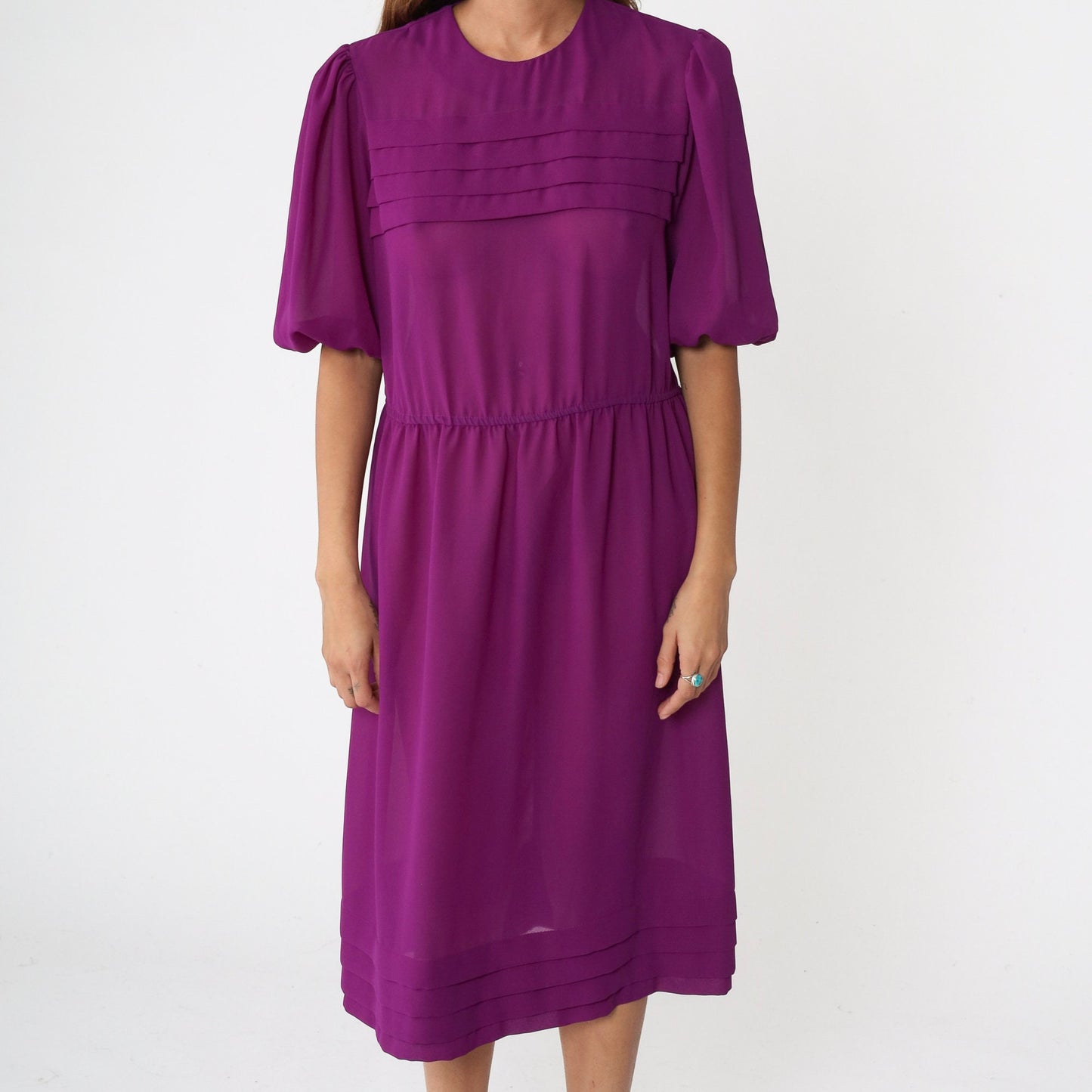 80s Purple Sheer Midi Dress Puff Sleeve Pleated High Waist Keyhole Medium Large