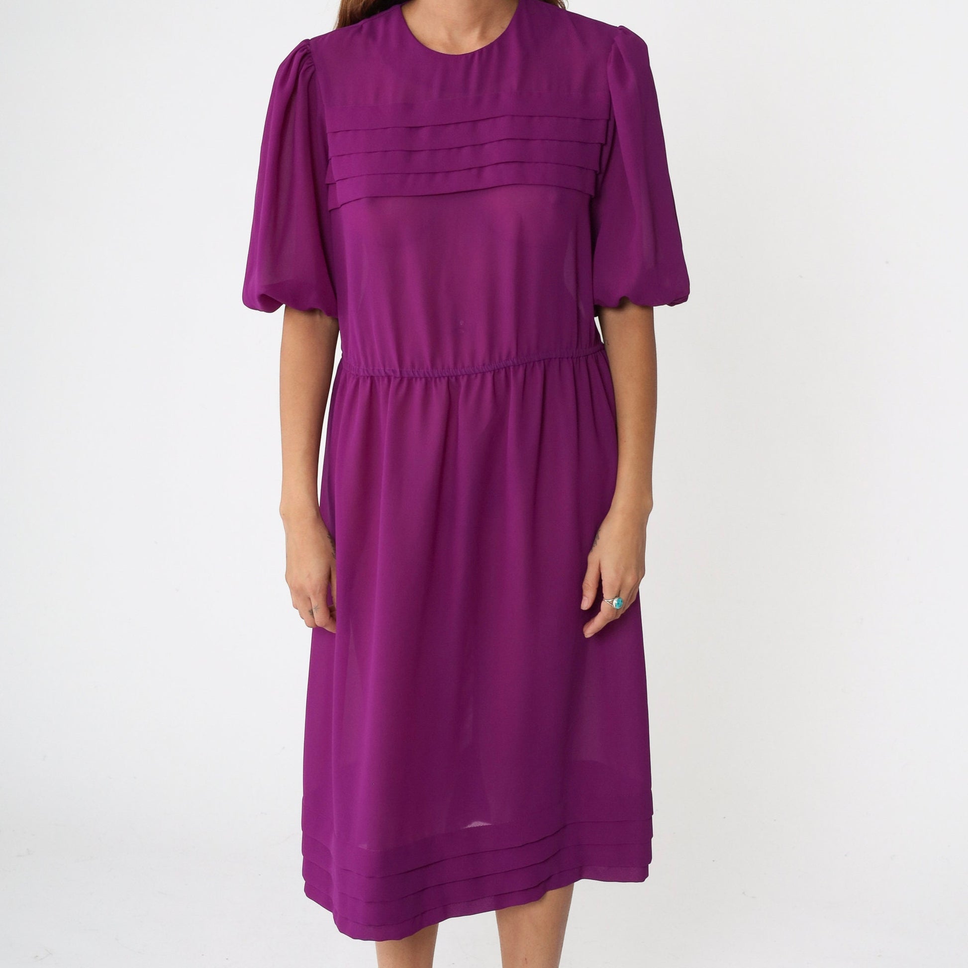 80s Purple Sheer Midi Dress Puff Sleeve Pleated High Waist Keyhole Medium Large
