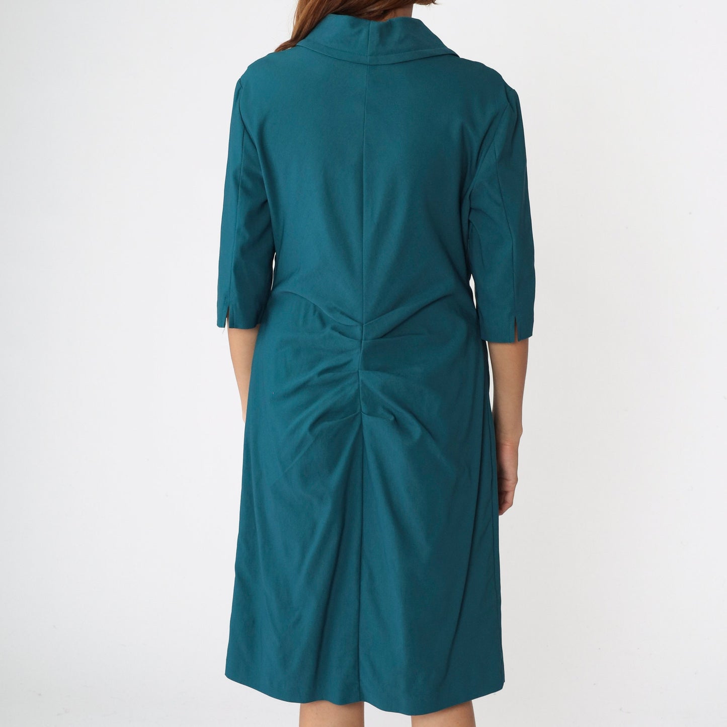 00s Joseph Ribkoff Teal Sheath Dress Front Zip Pleated 3/4 Sleeve Knee Length Large 14