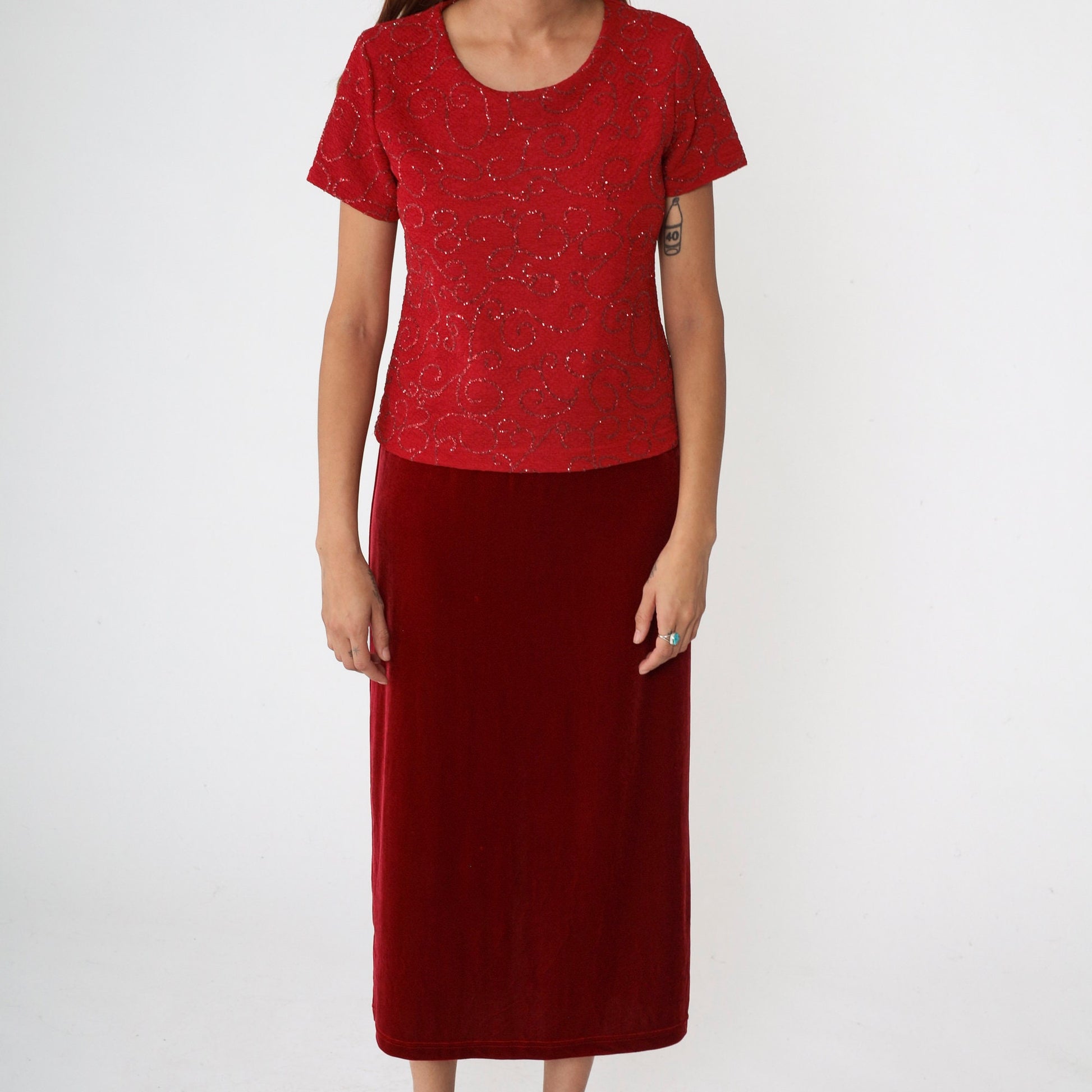 90s Kathie Lee Red Velvet Midi Dress Glitter Bodice Drop Waist Small