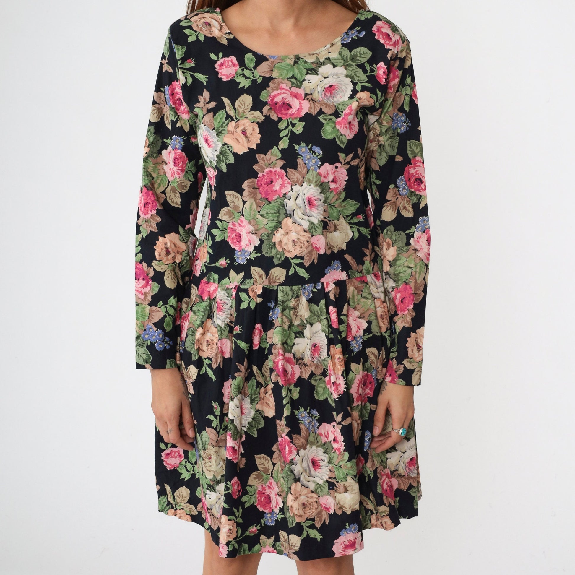 90s Atlas Studio Floral Mini Dress Black Drop Waist Long Sleeve Small S