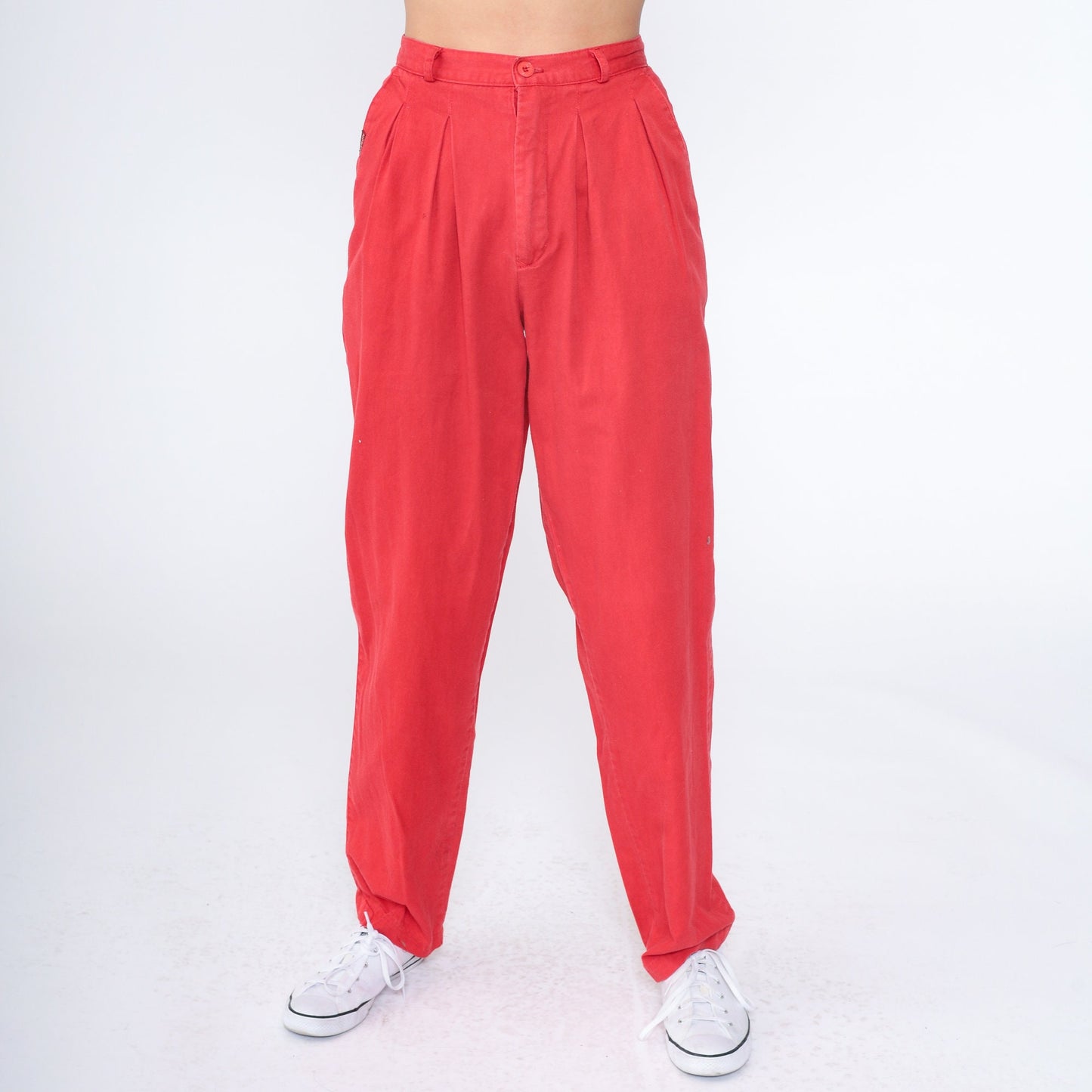 80s Sasson Red Cotton Pleated High-Waisted Tapered Trousers Extra Small