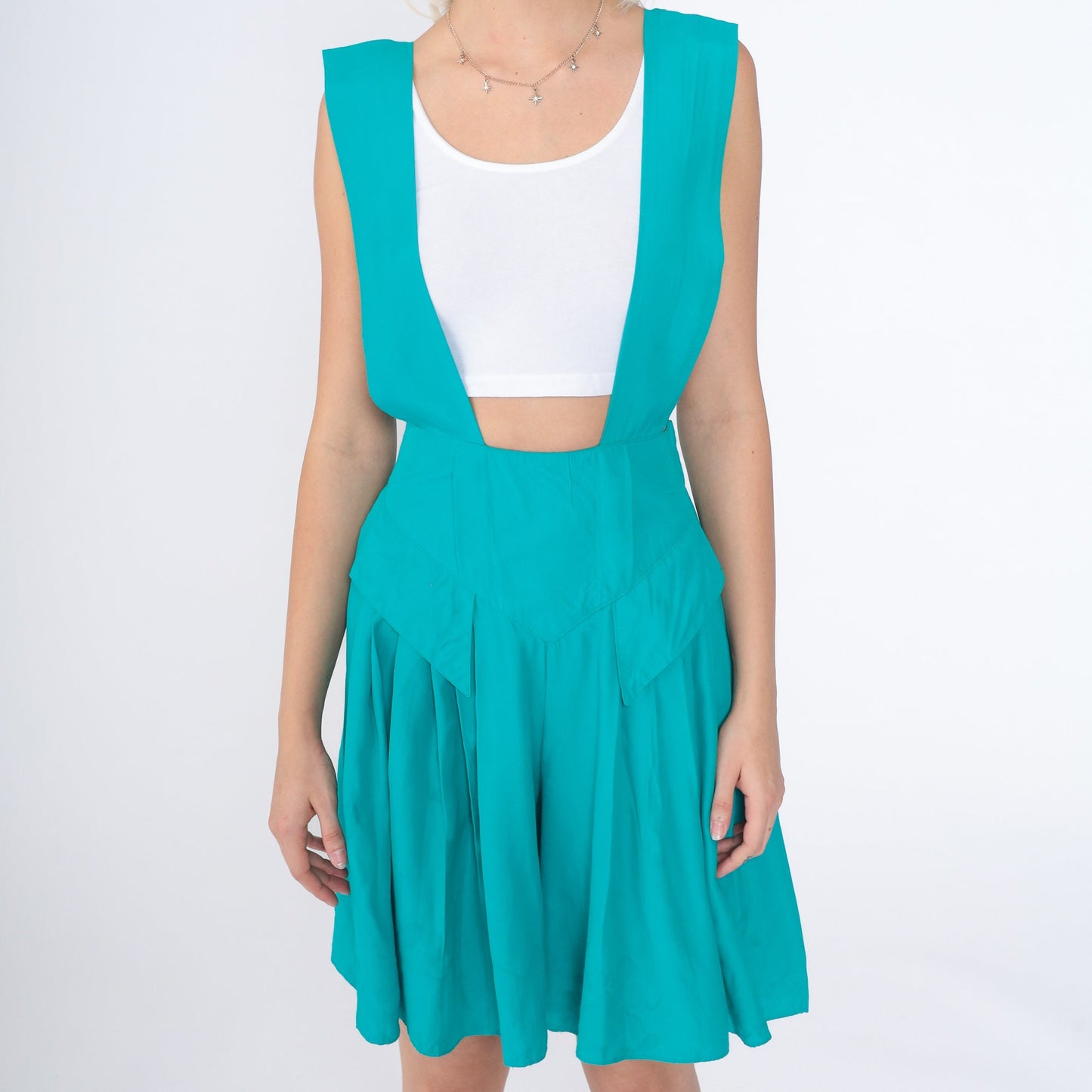 90s Turquoise Overall Shorts Pleated Suspender Straps Wide Leg Small S