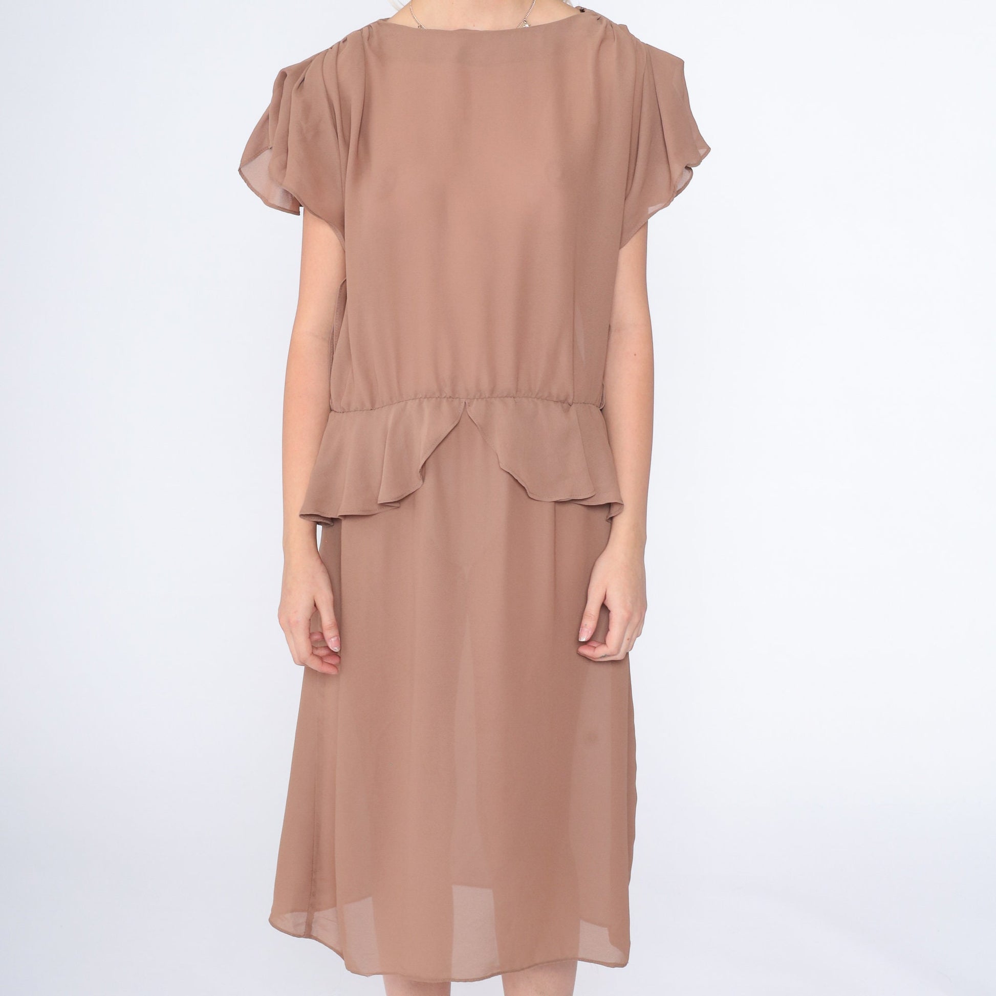 70s Cocoa Brown Midi Dress High Waist Peplum Puff Sleeve Keyhole Back Large L