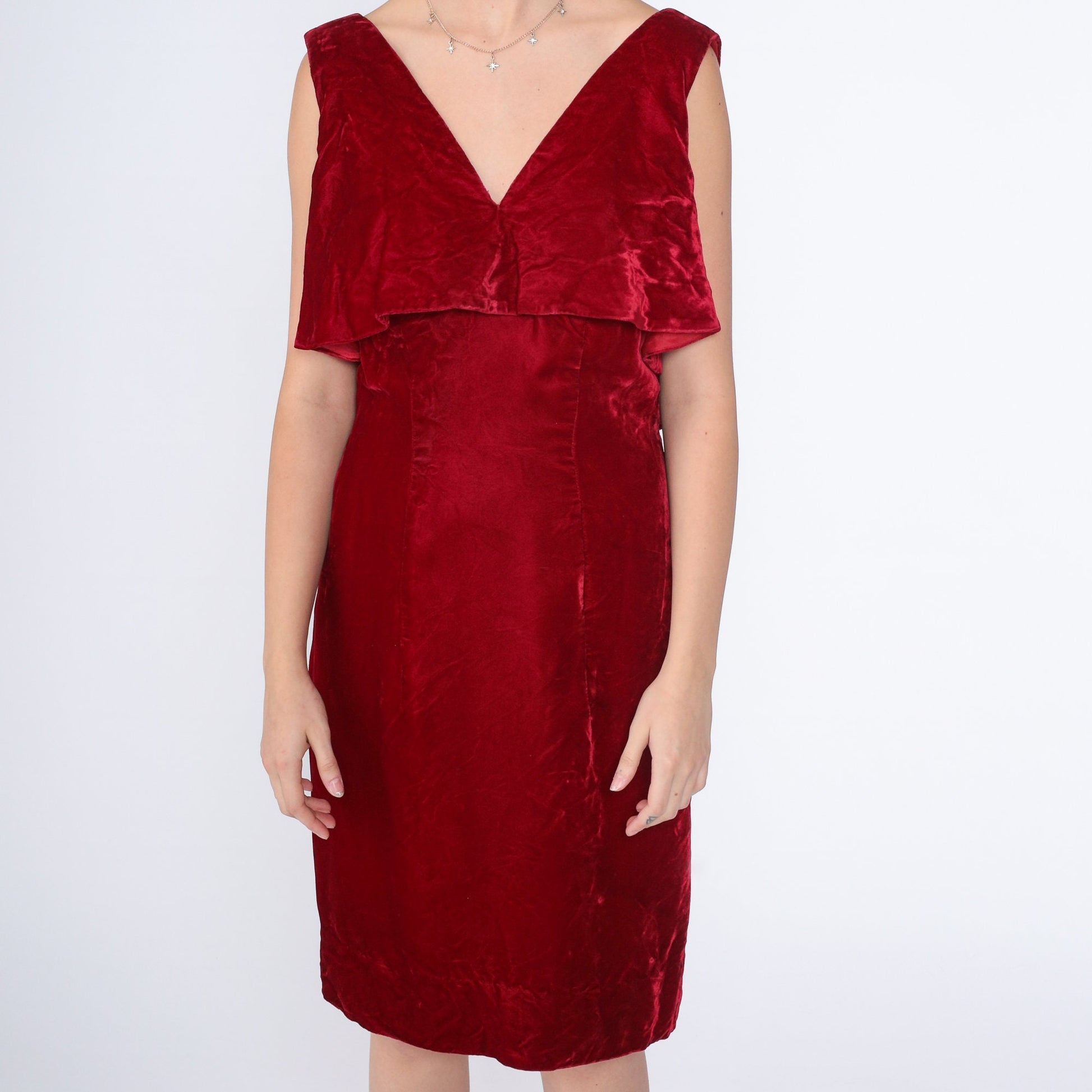 70s Red Velvet Mini Dress Sleeveless Pencil Cut Low Back Medium M