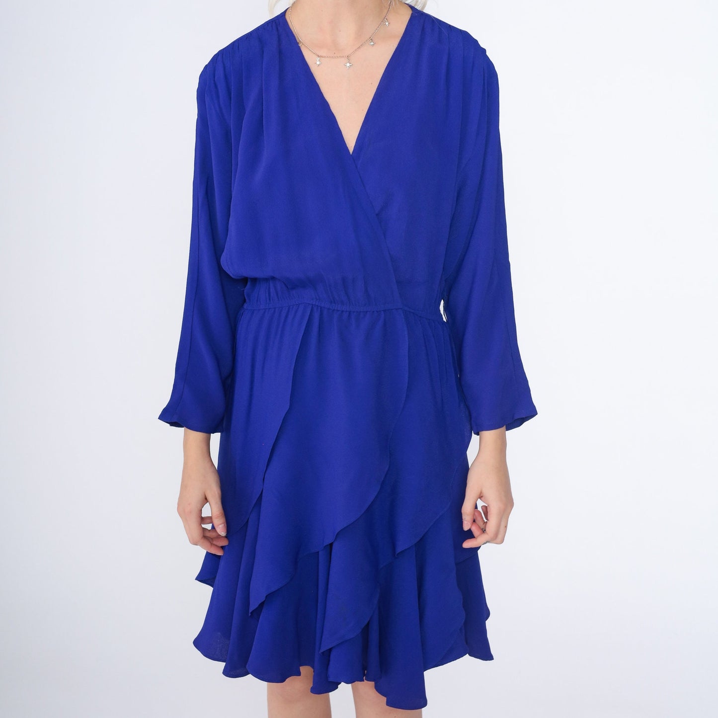 90s Blue Mini Dress Faux Wrap High Waisted Long Sleeve V Neck Small S