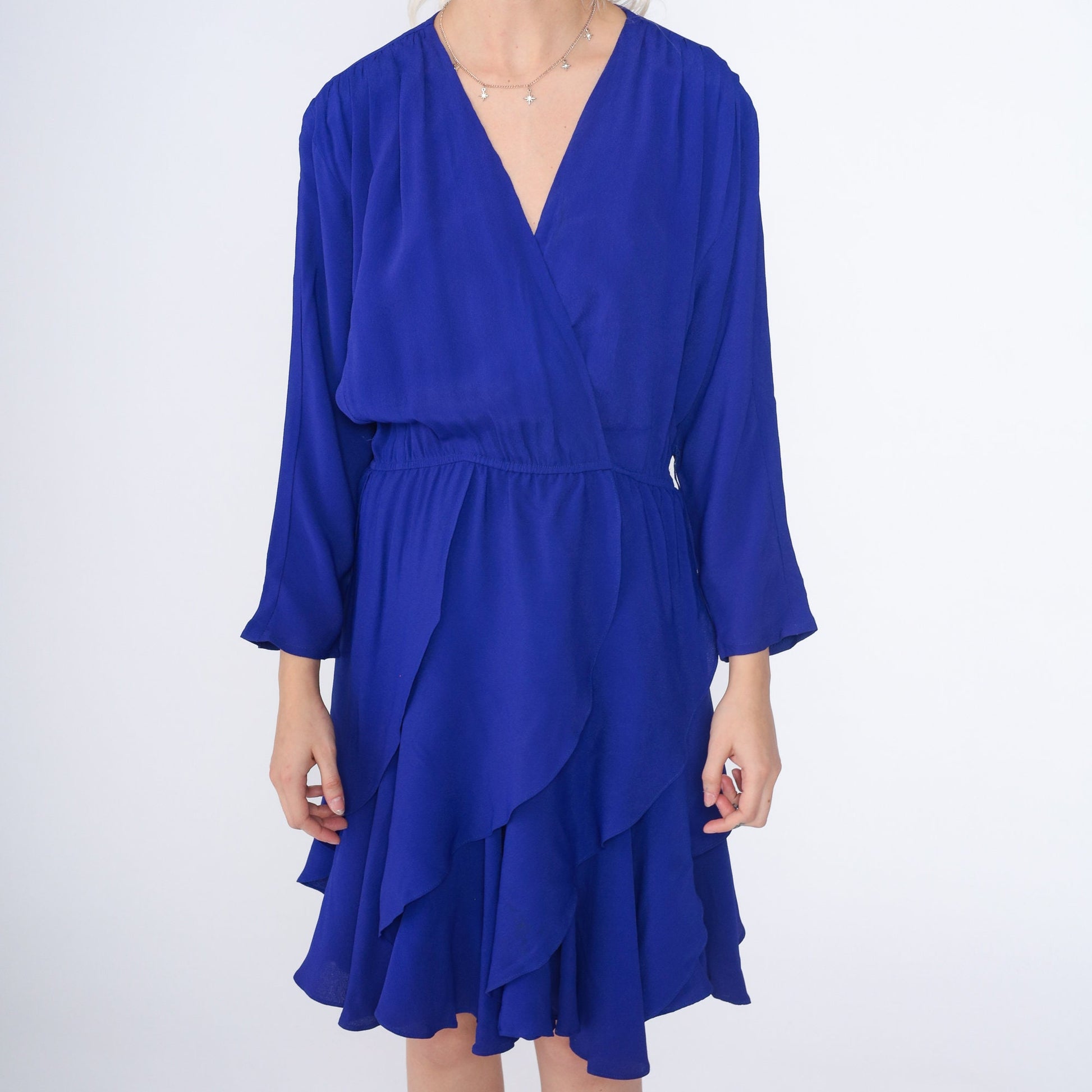 90s Blue Mini Dress Faux Wrap High Waisted Long Sleeve V Neck Small S