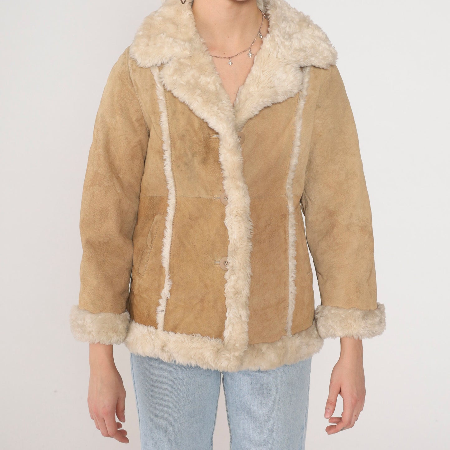 Y2K Wilsons Leather Kids Suede Sherpa Jacket Brown Button-Up Extra Small