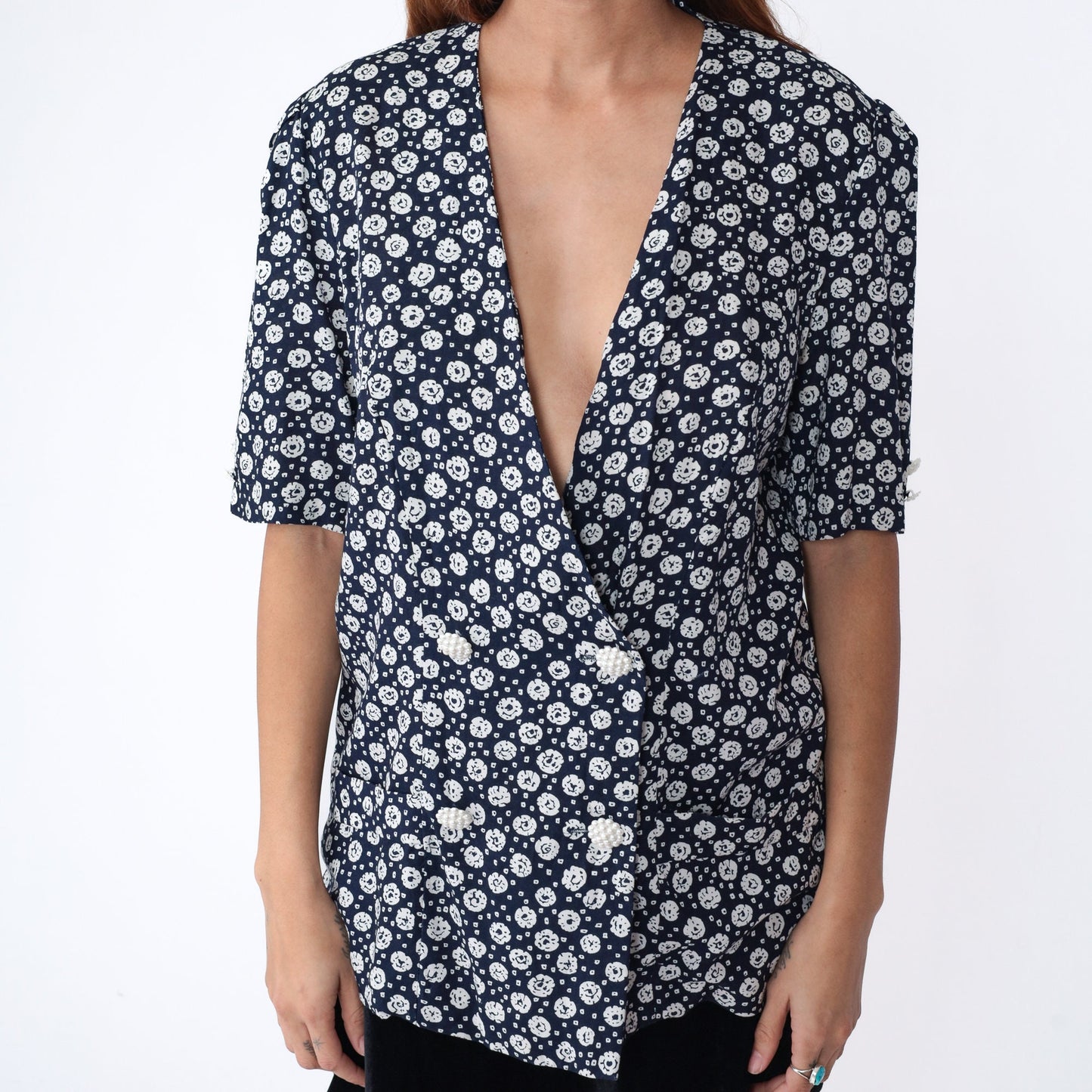 90s Navy Floral Wrap Blouse White Dot Print Puff Sleeve Button Up Medium