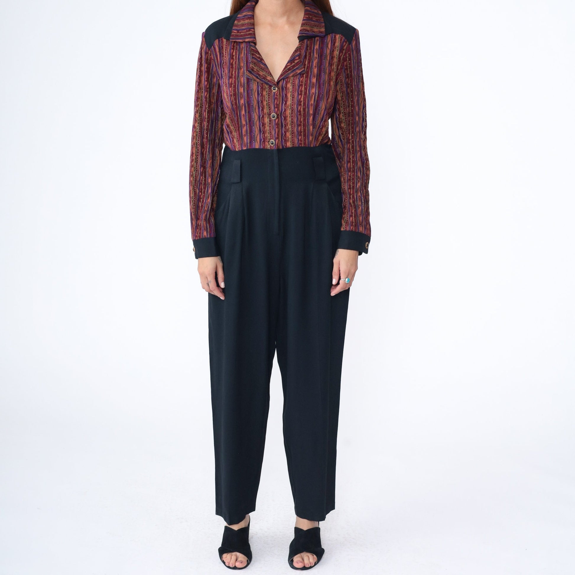 90s Molly Malloy Jumpsuit Burgundy Striped Black Tapered High Waist Medium
