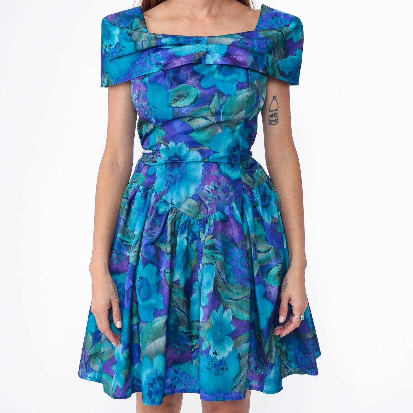 90s Blue Floral Watercolor Mini Dress Short Sleeve Drop Waist Small