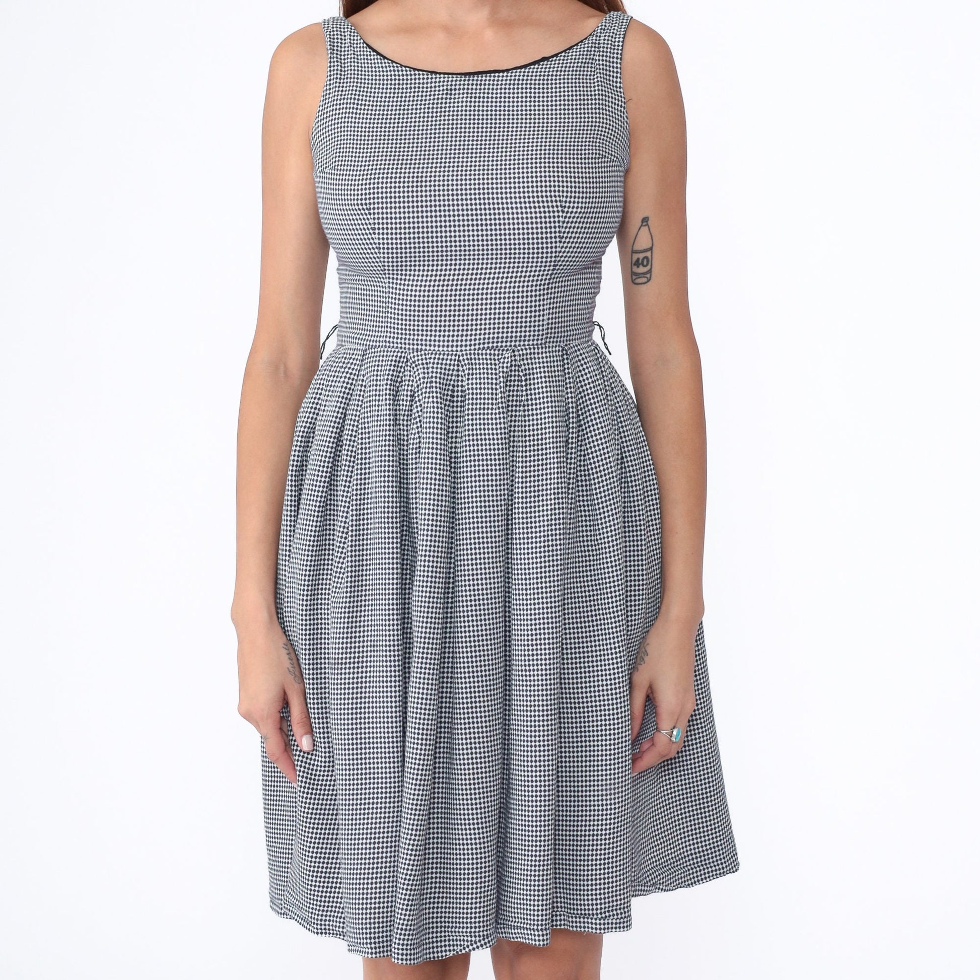 60s Navy White Checkered Mini Dress Pleated High Waist Sleeveless Small