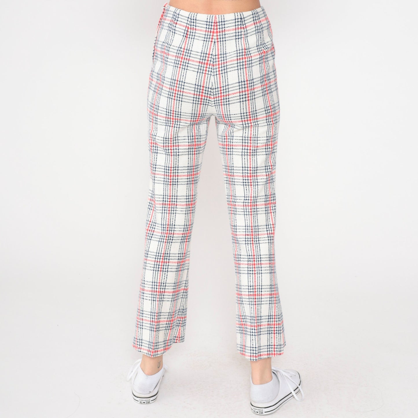 60s Plaid Flared Trousers High Waisted Red Navy White Checkered Extra Small
