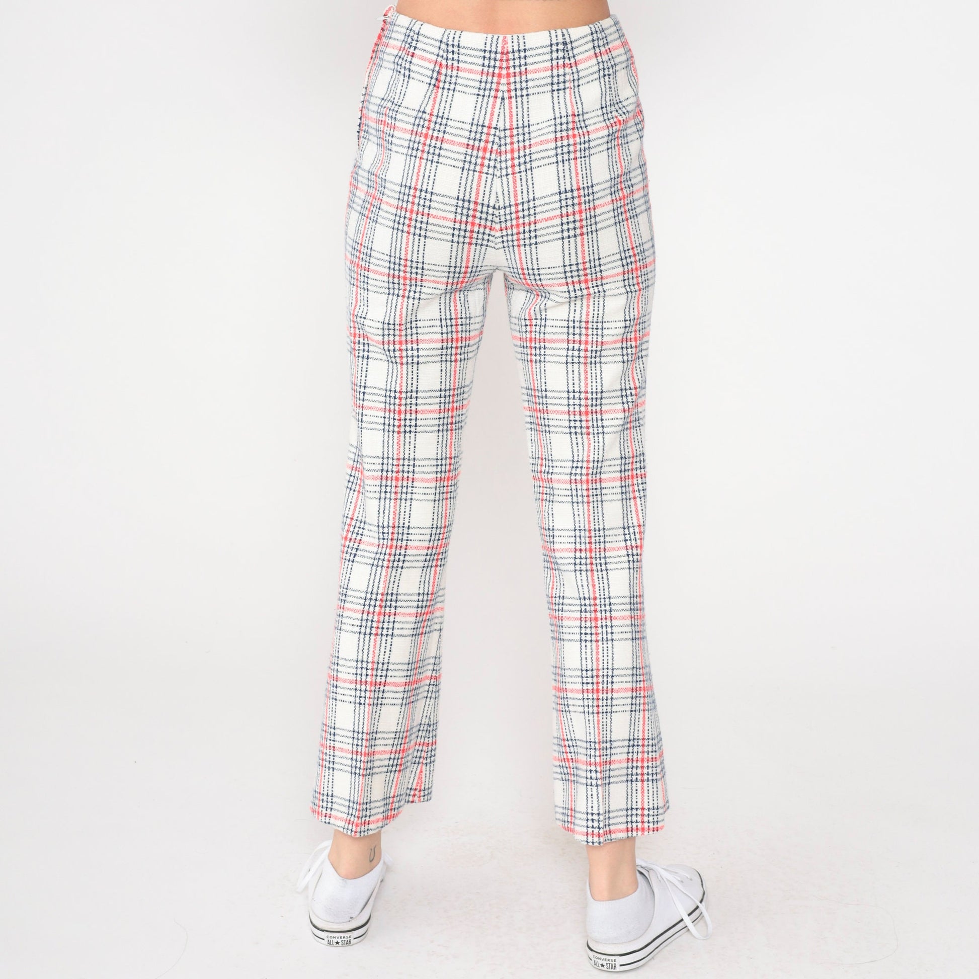 60s Plaid Flared Trousers High Waisted Red Navy White Checkered Extra Small