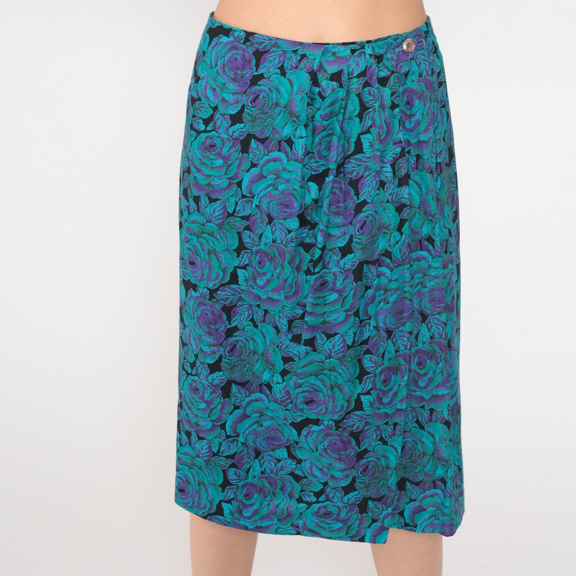 80s Floral Wrap Midi Skirt High Waist Purple Turquoise Rayon Small