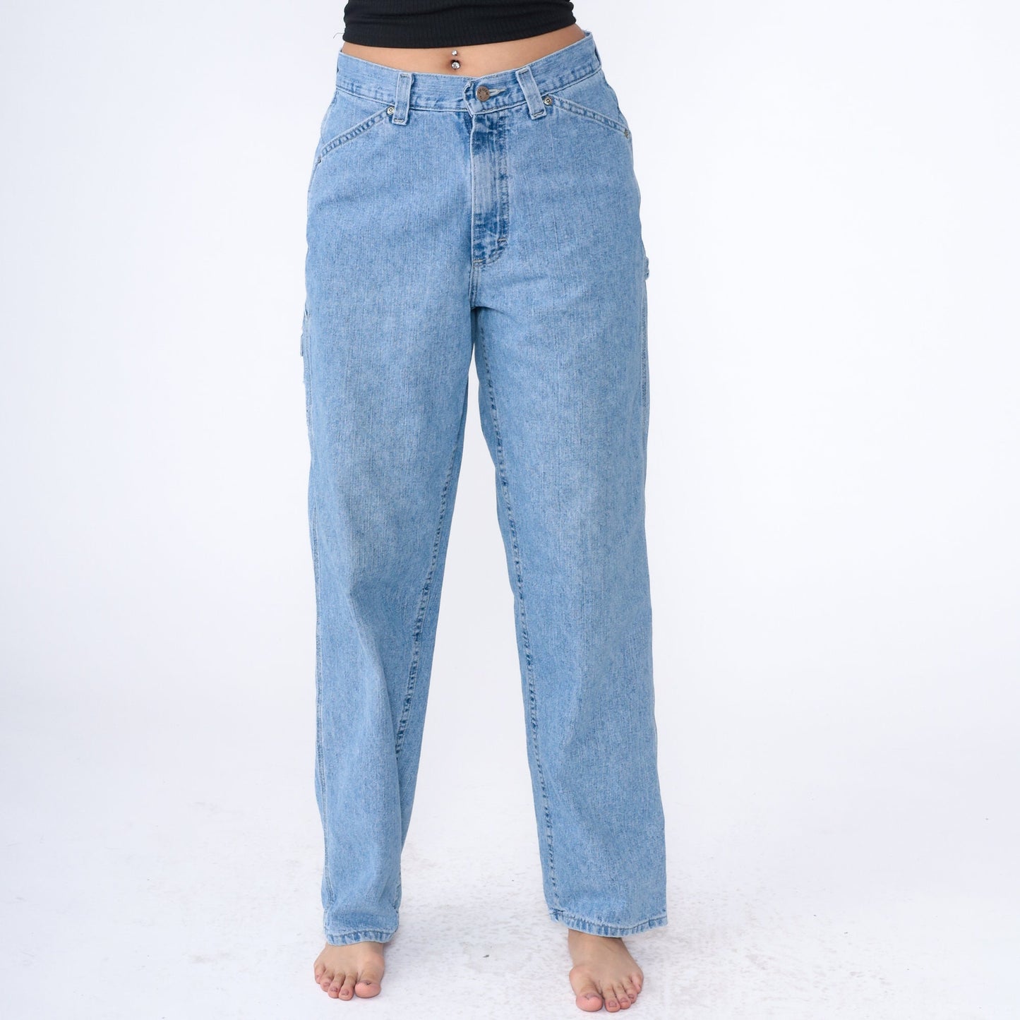 Y2K High Rise Cargo Jeans Light Wash Denim Hammer Loop Relaxed Straight Tapered Medium