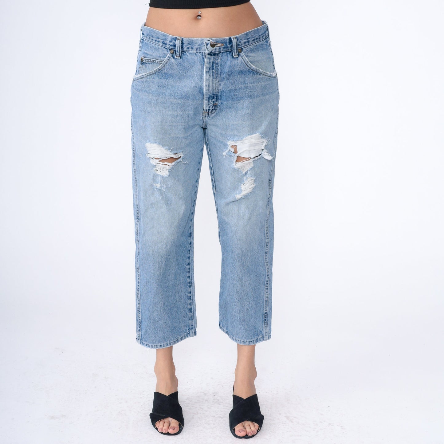 Wrangler Y2K Ripped Straight Leg Jeans Faded Blue High Rise Medium