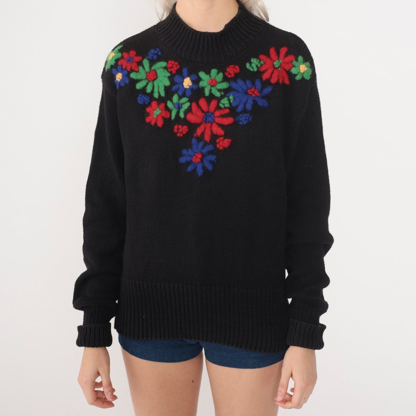 90s Esprit Floral Embroidered Black Cotton Sweater Small