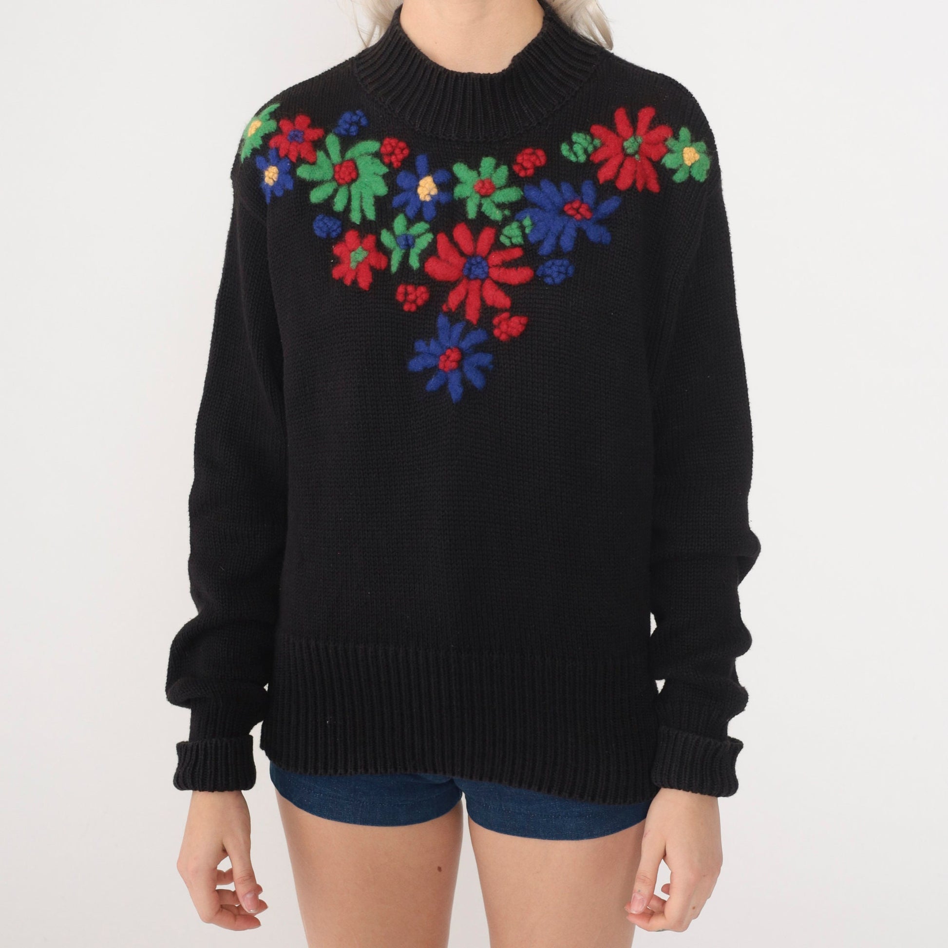 90s Esprit Floral Embroidered Black Cotton Sweater Small