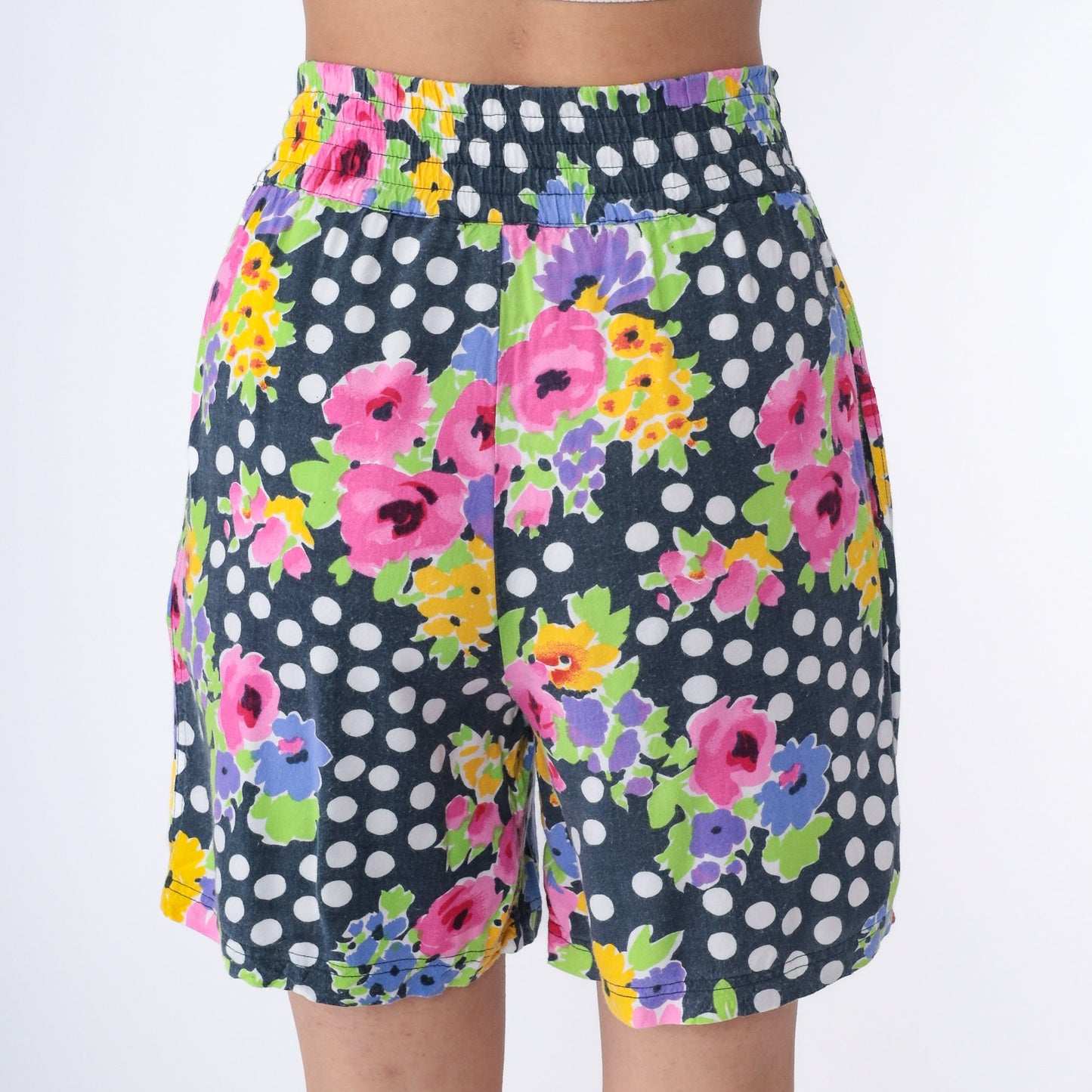 90s Polka Dot Floral Rayon Shorts High Waist Pleated White Small
