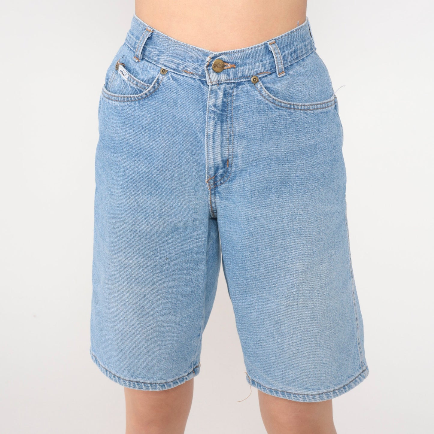 90s Blue Denim Bermuda Shorts High Rise Stone Wash Extra Small XS