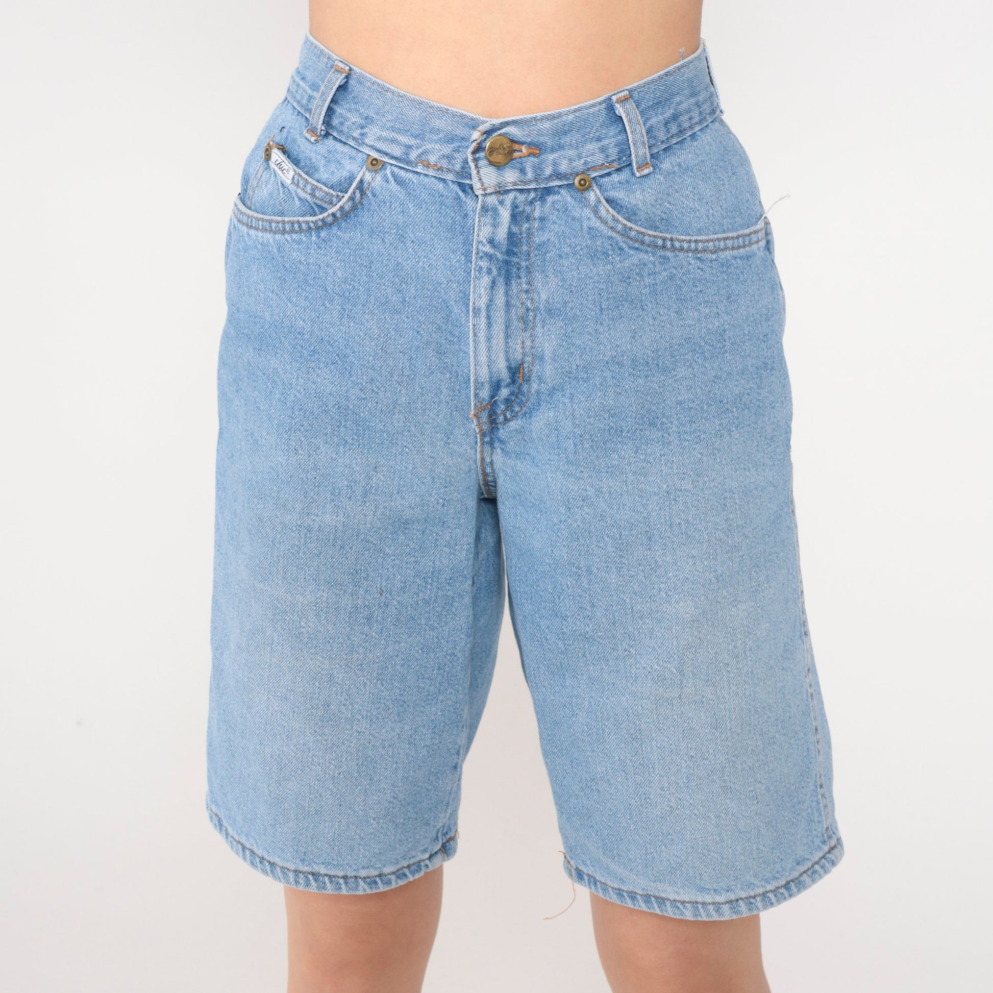 90s Blue Denim Bermuda Shorts High Rise Stone Wash Extra Small XS