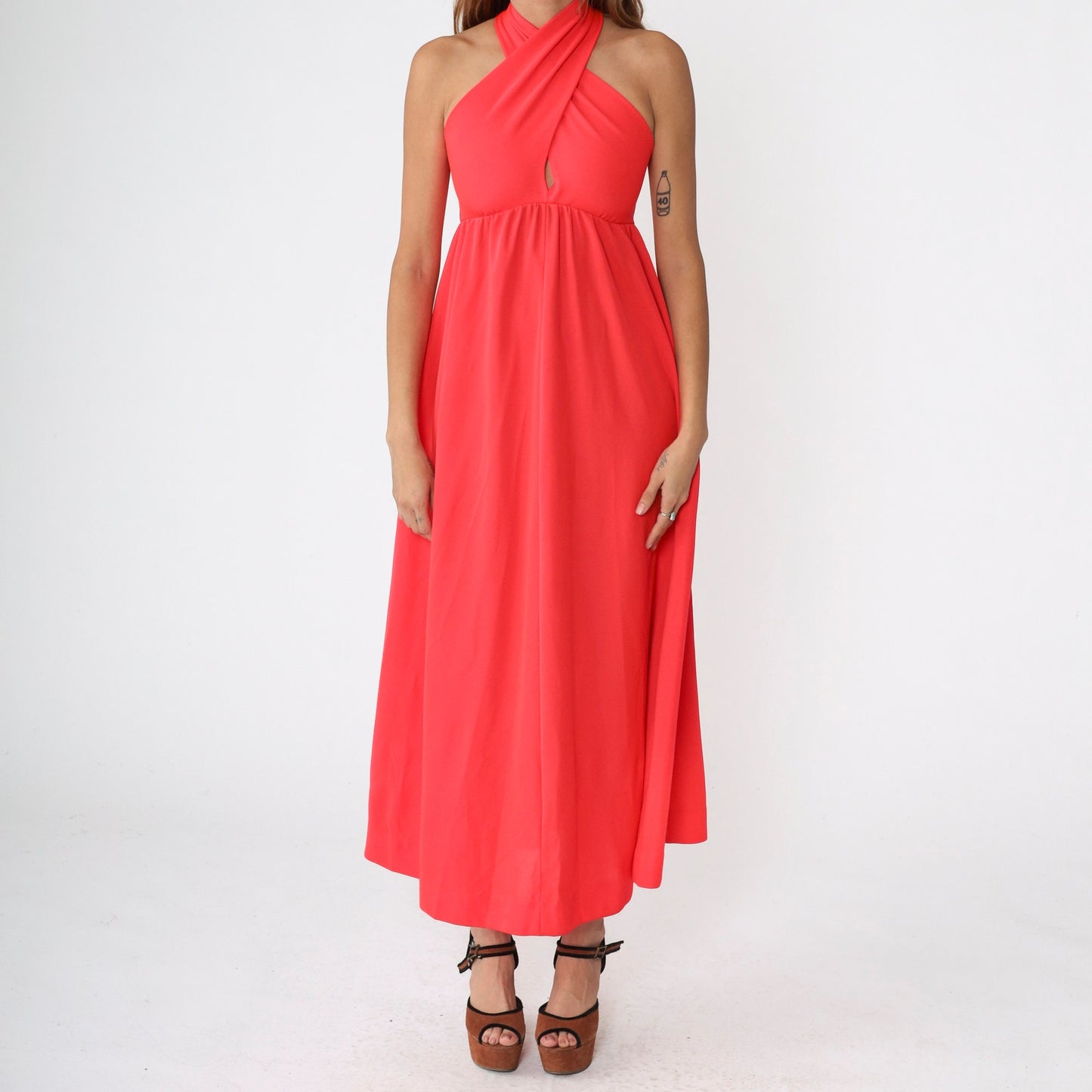 70s Coral Maxi Dress Halter Keyhole Back Empire Waist Criss Cross Small