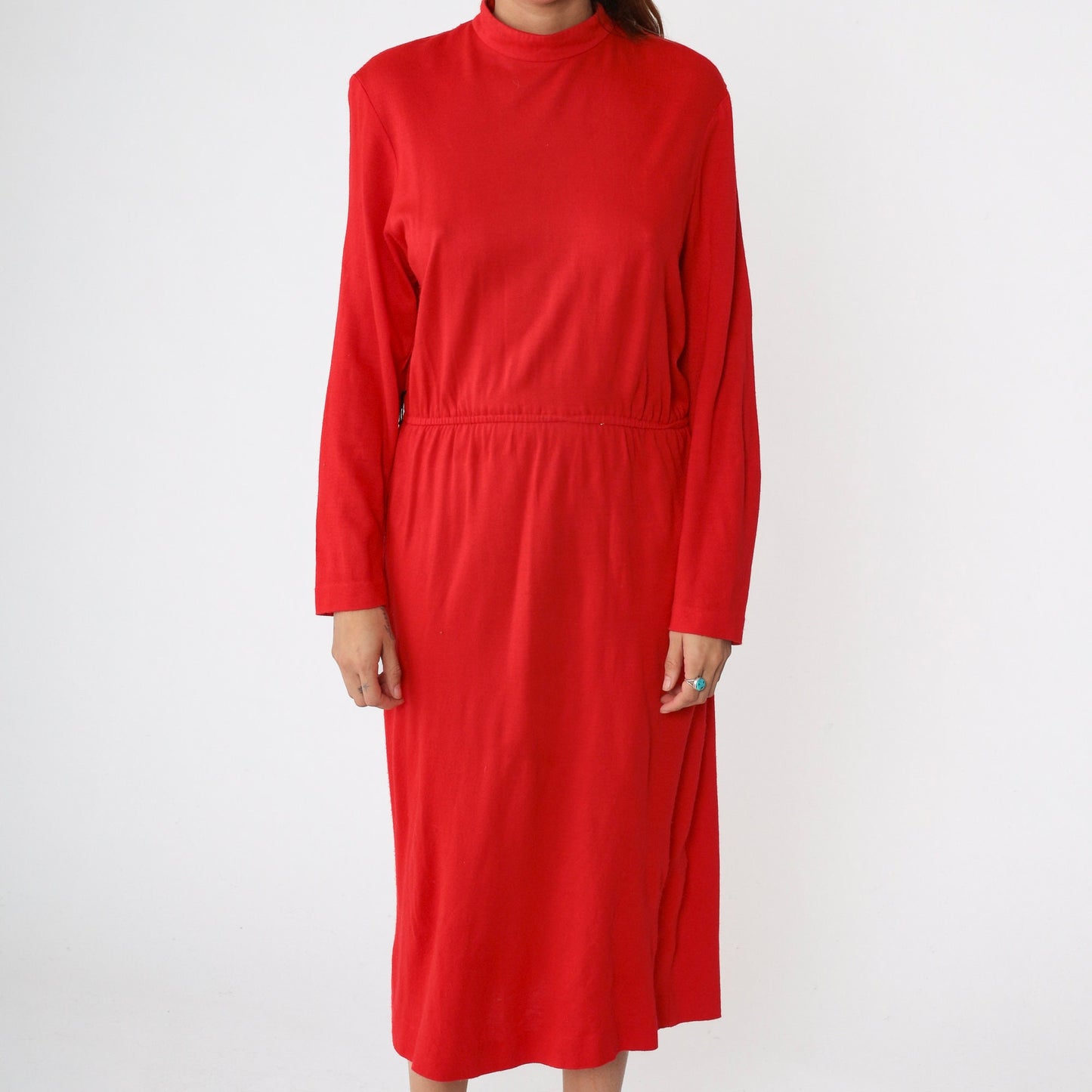 80s Red Mock Neck Midi Dress Long Sleeve Elastic Waist Medium