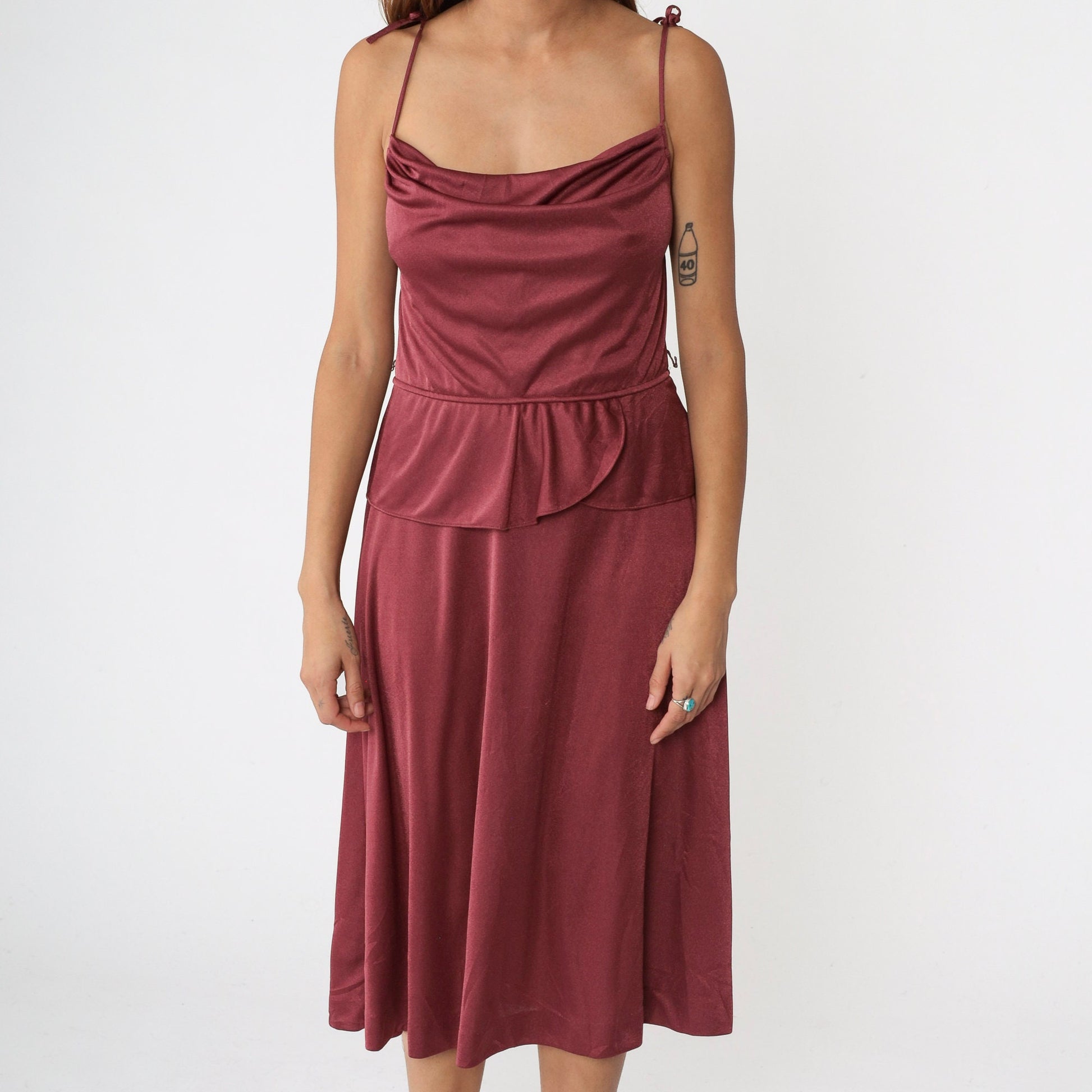 70s Burgundy Midi Dress High Waist Peplum Spaghetti Strap Small